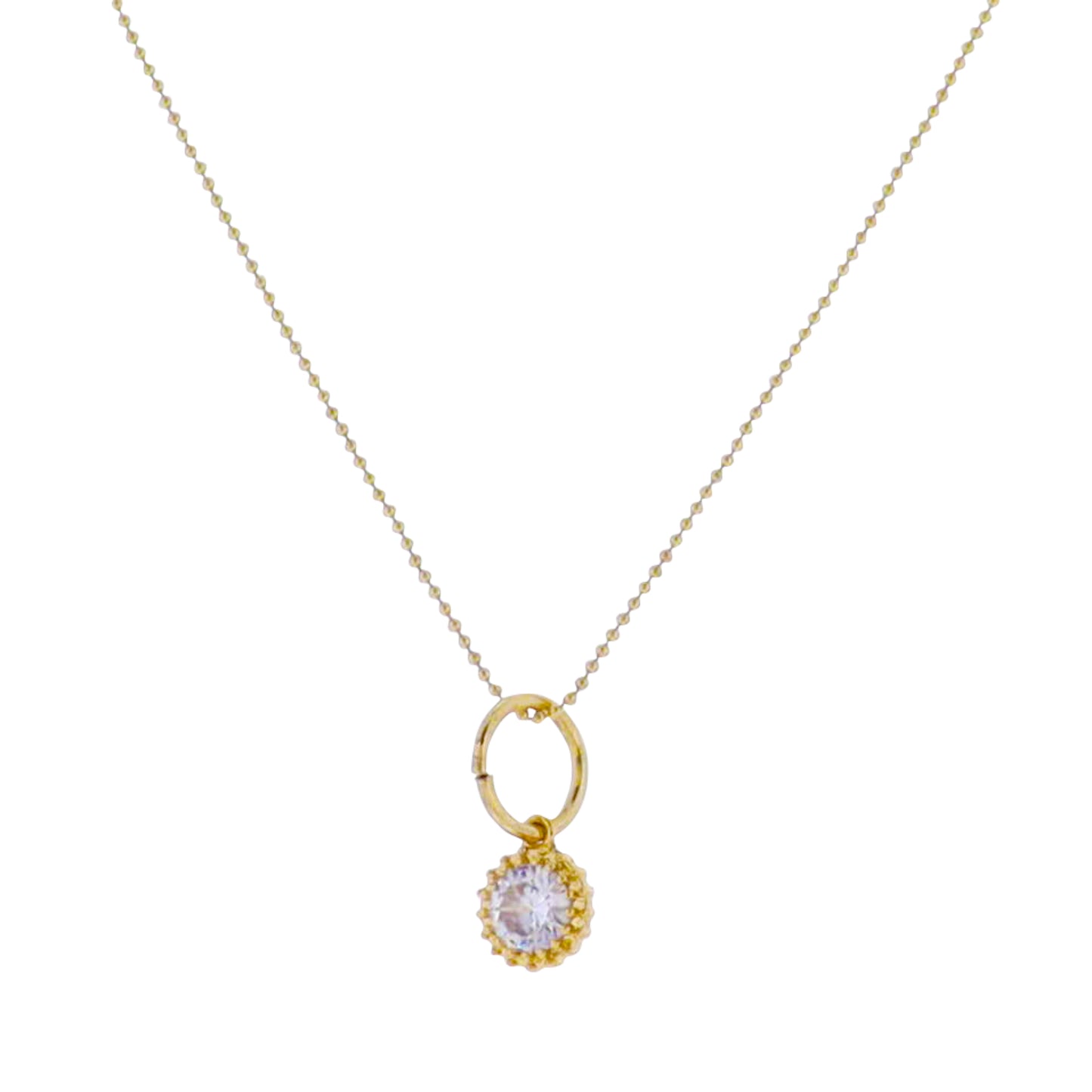 18k Gold Plated Ball Chain Necklace with Clear Crystal Circle with Decorative Edges