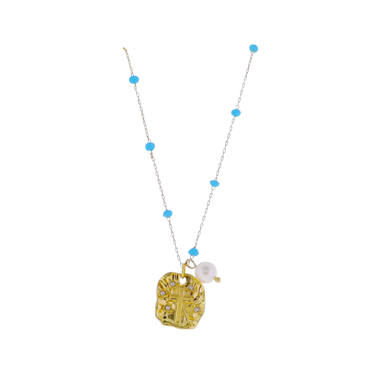 18k Gold Plated Chain with Blue Faceted Bead Stations Necklace with Plate with Cross, Pearl