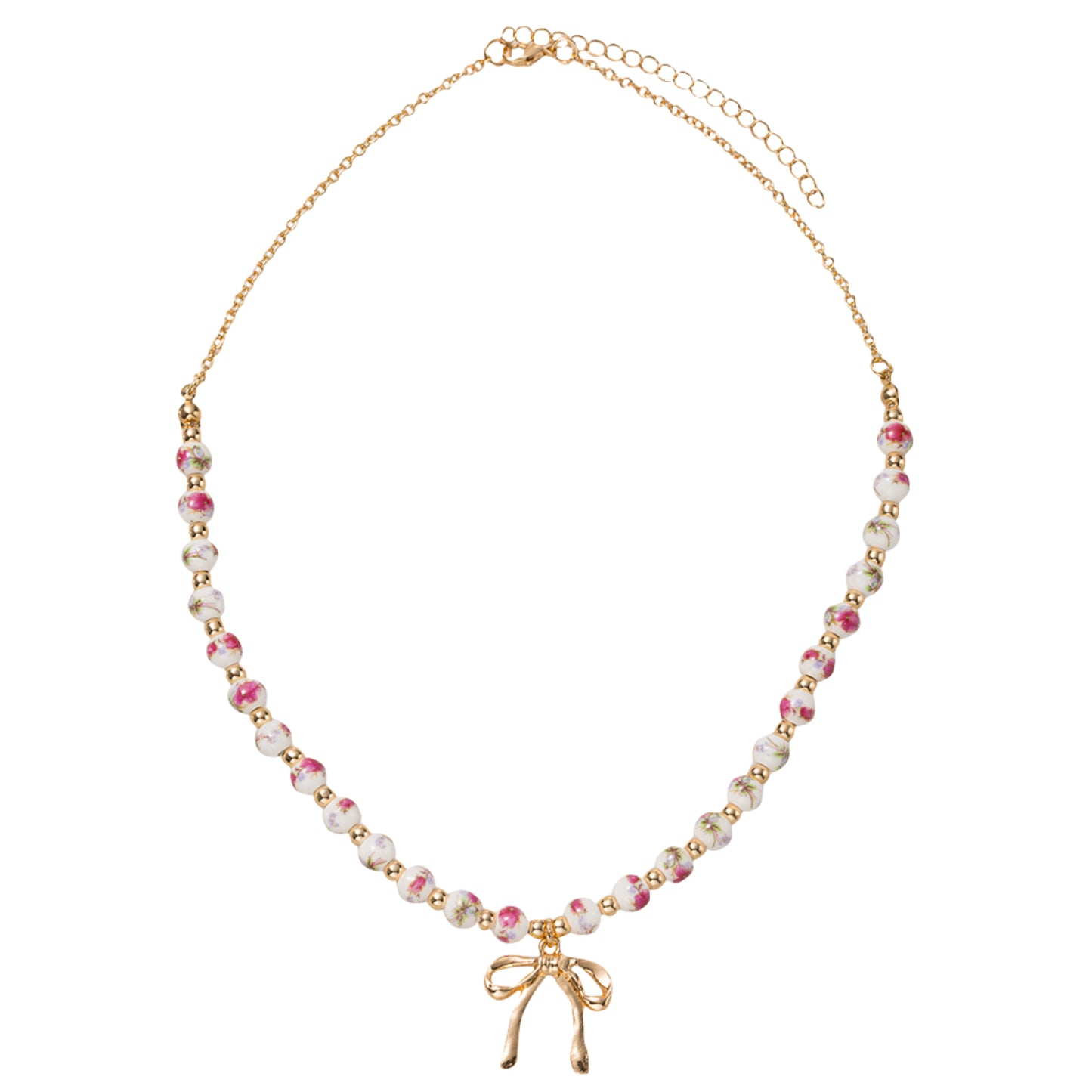 Half Pink Floral Beaded with Bow O Chain Necklace