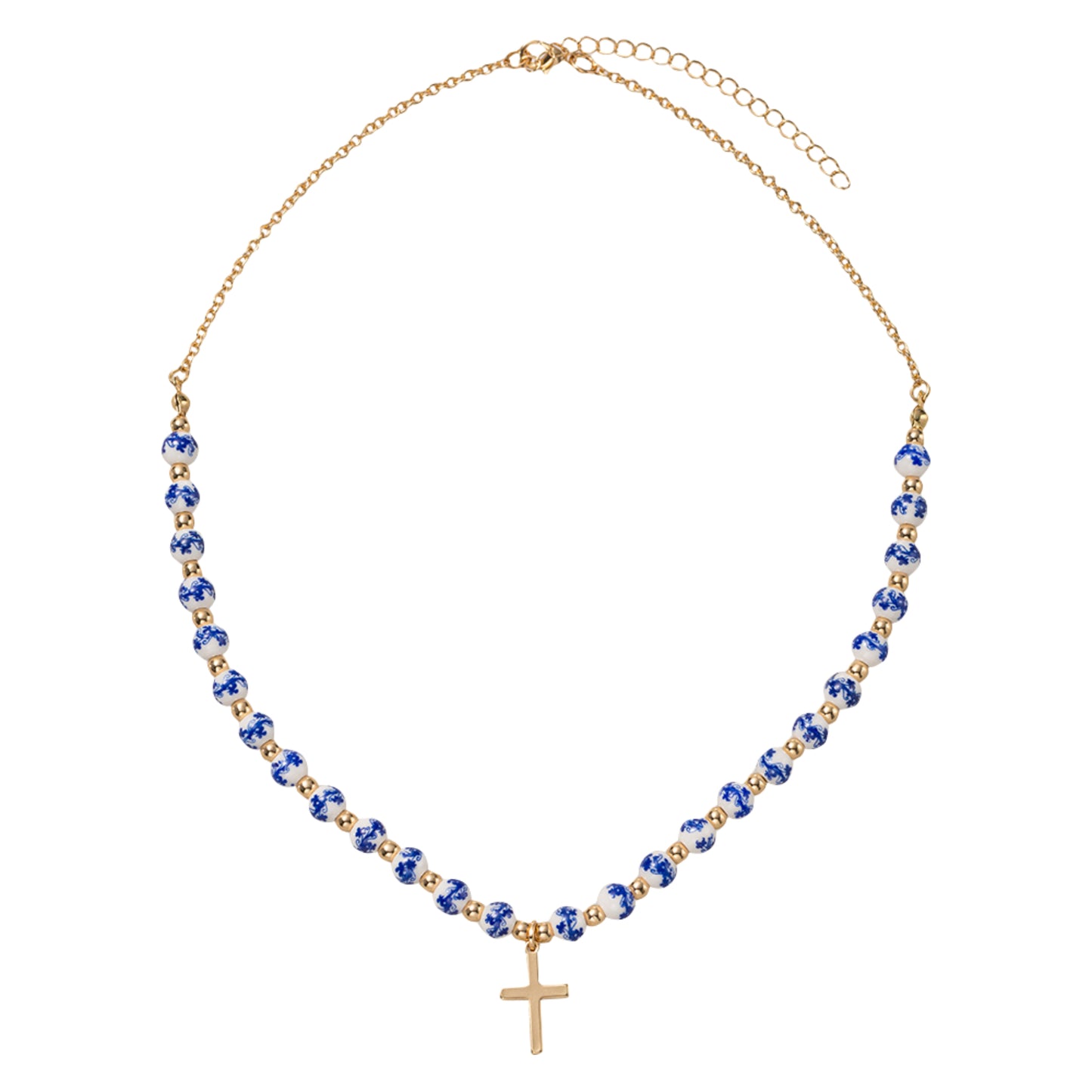 Half Blue Floral Beaded with Cross O Chain Necklace