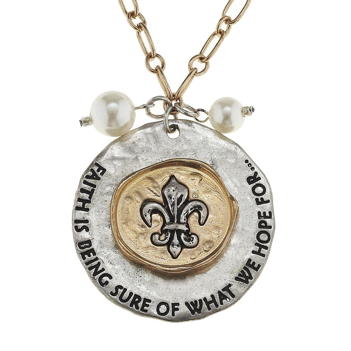 2-Tone Scripture Phrase Fleur De Lis Disk Necklace