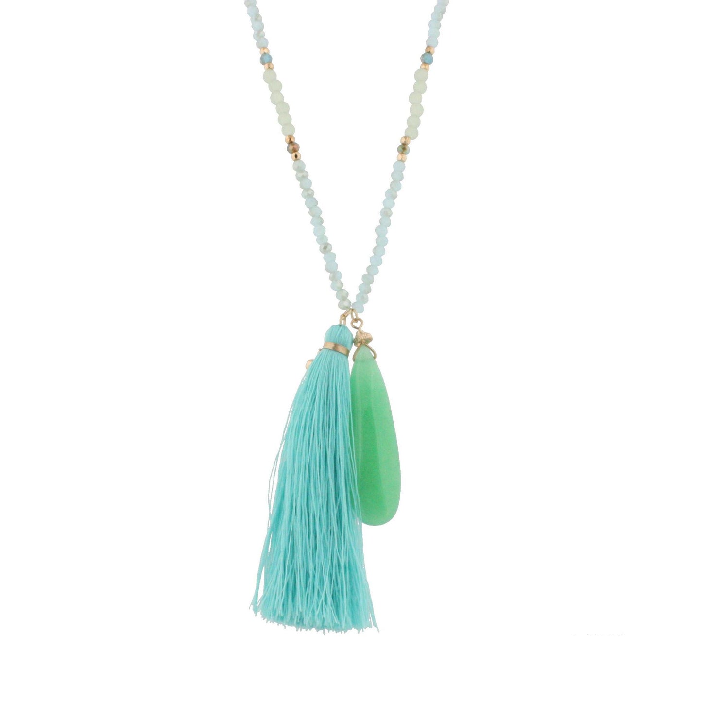 44" Gold Chain Half Opaque Blue Beaded Necklace with Turquoise Tassel and Opaque Green Stone Pendant
