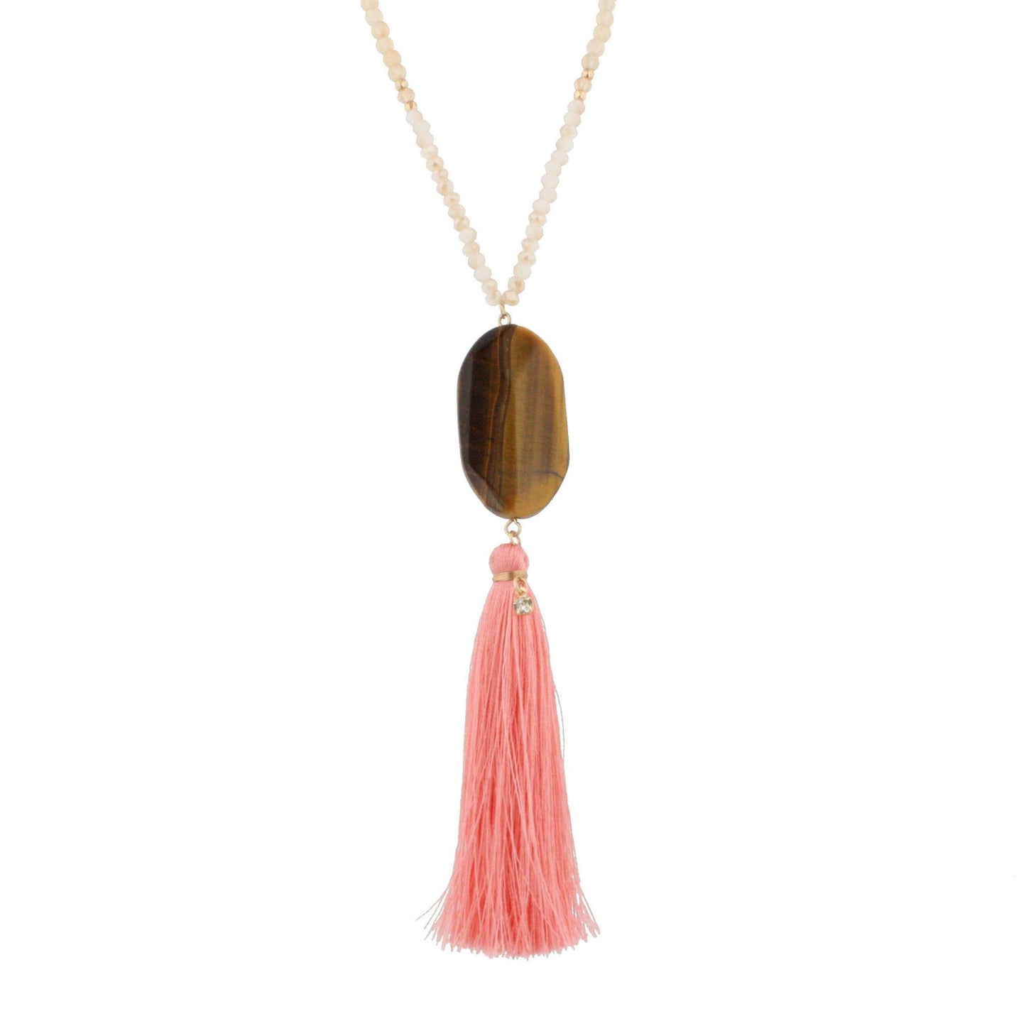 44" Half Chain Half Neutral Beaded Necklace - Tigers Eye Oval Stone Pendant with Pink Tassel Drop Down