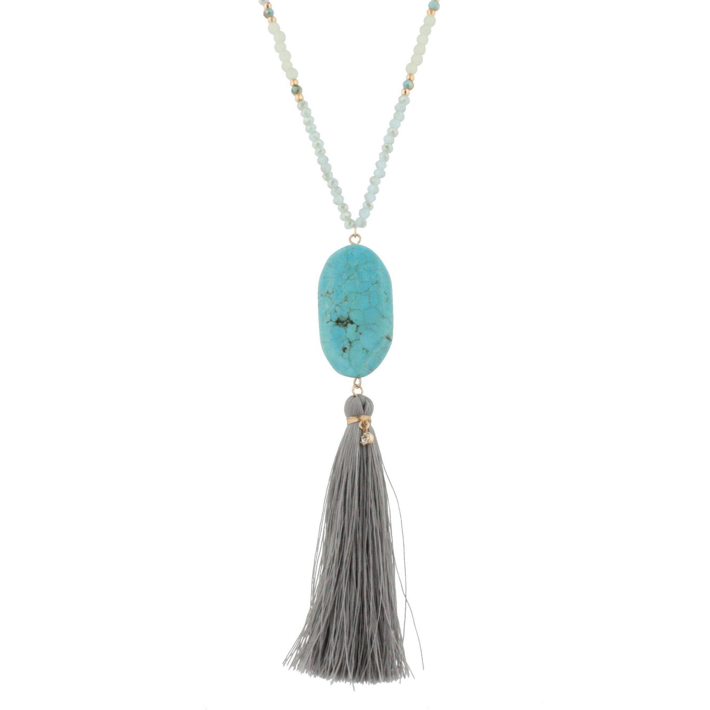 44" Half Chain Half Light Blue Beaded Necklace - Turquoise Oval Stone Pendant with Grey Tassel Drop Down