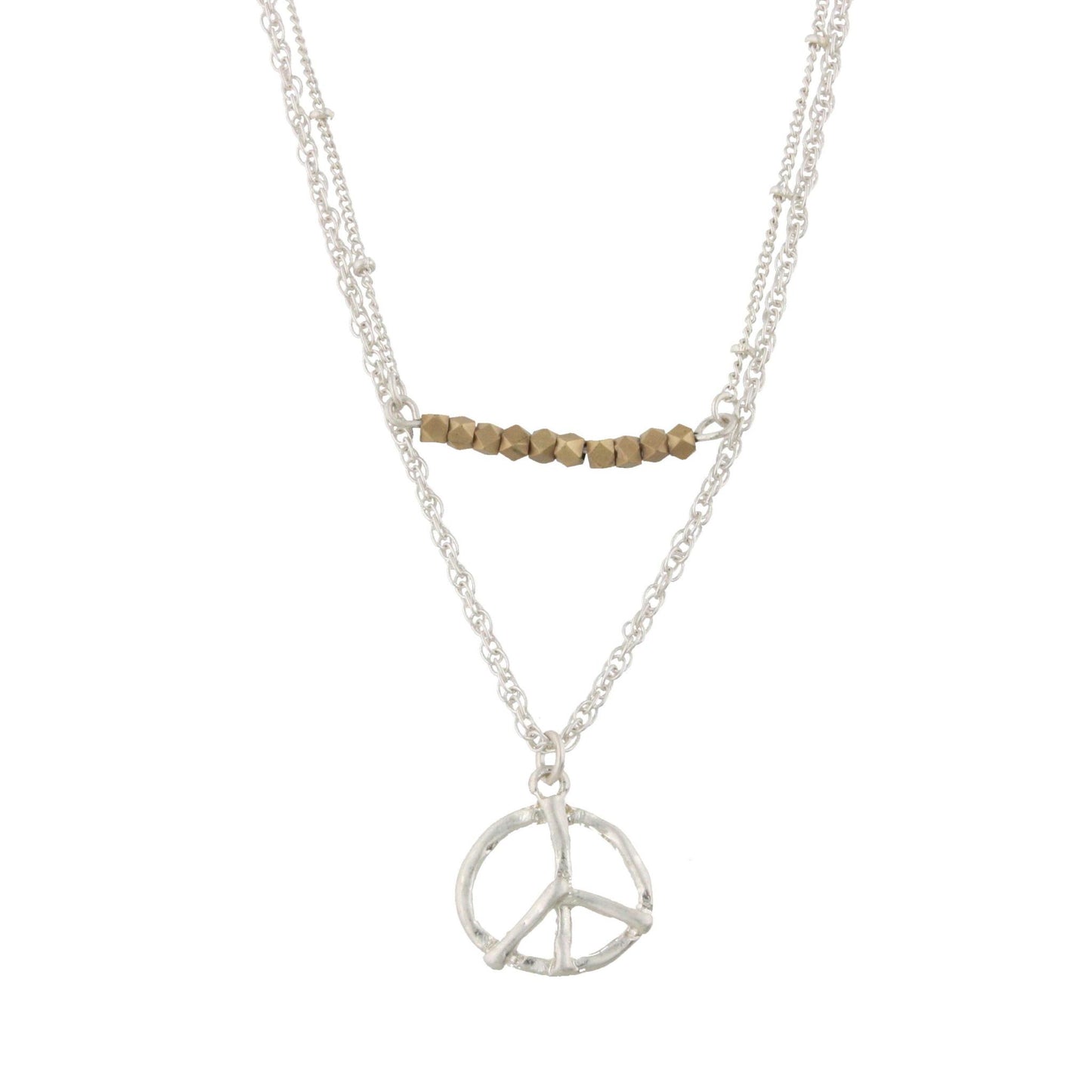 18" Silver Double Bar Necklace -Peace Sign, 3" Ext