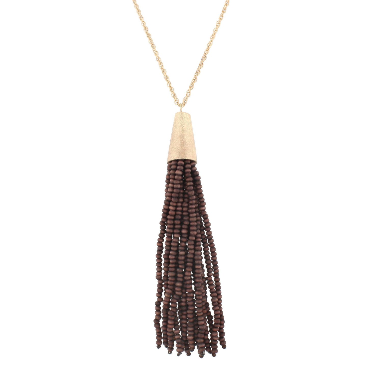 30" Antique Gold Necklace with Gold Cap and Brown Beaded Tassel, 3" Ext