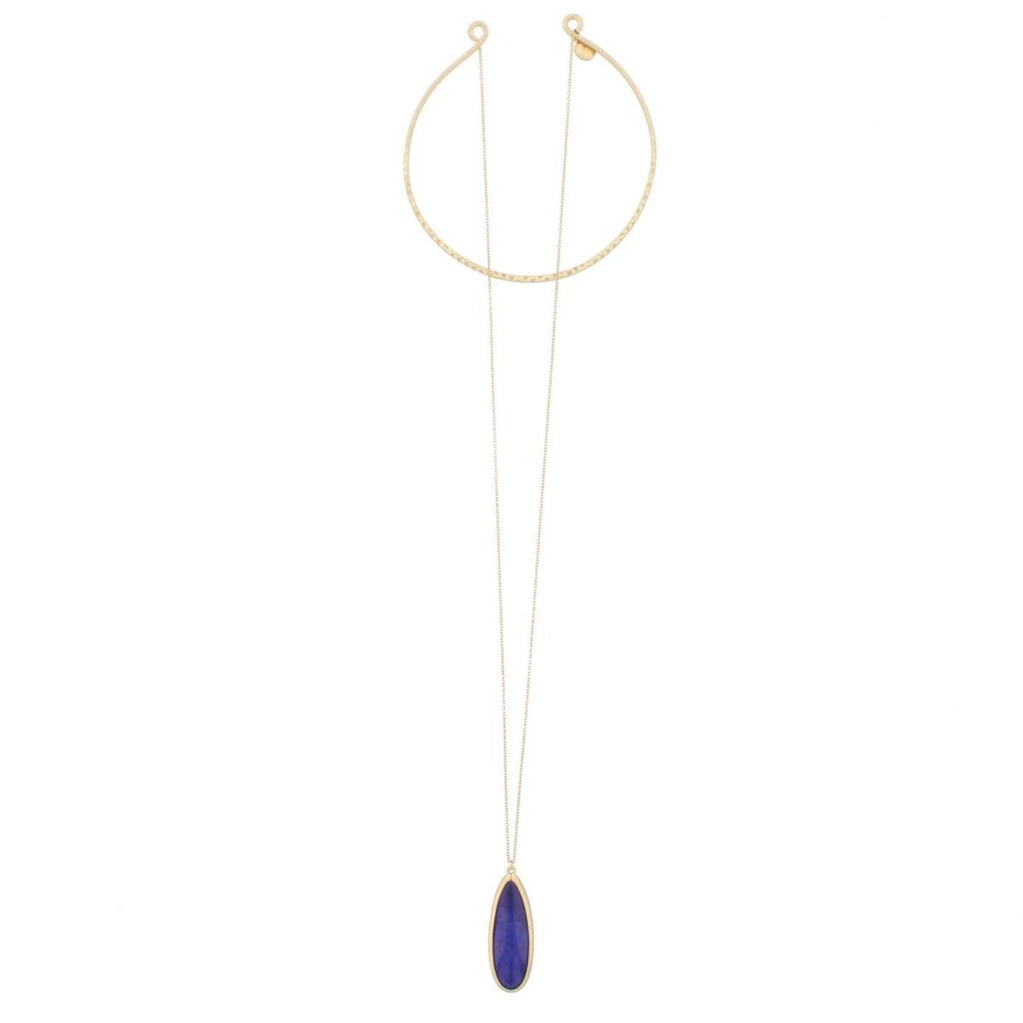 12" Circle Hammered Antique Gold Choker with 30" Stone Drop - Blue Stone