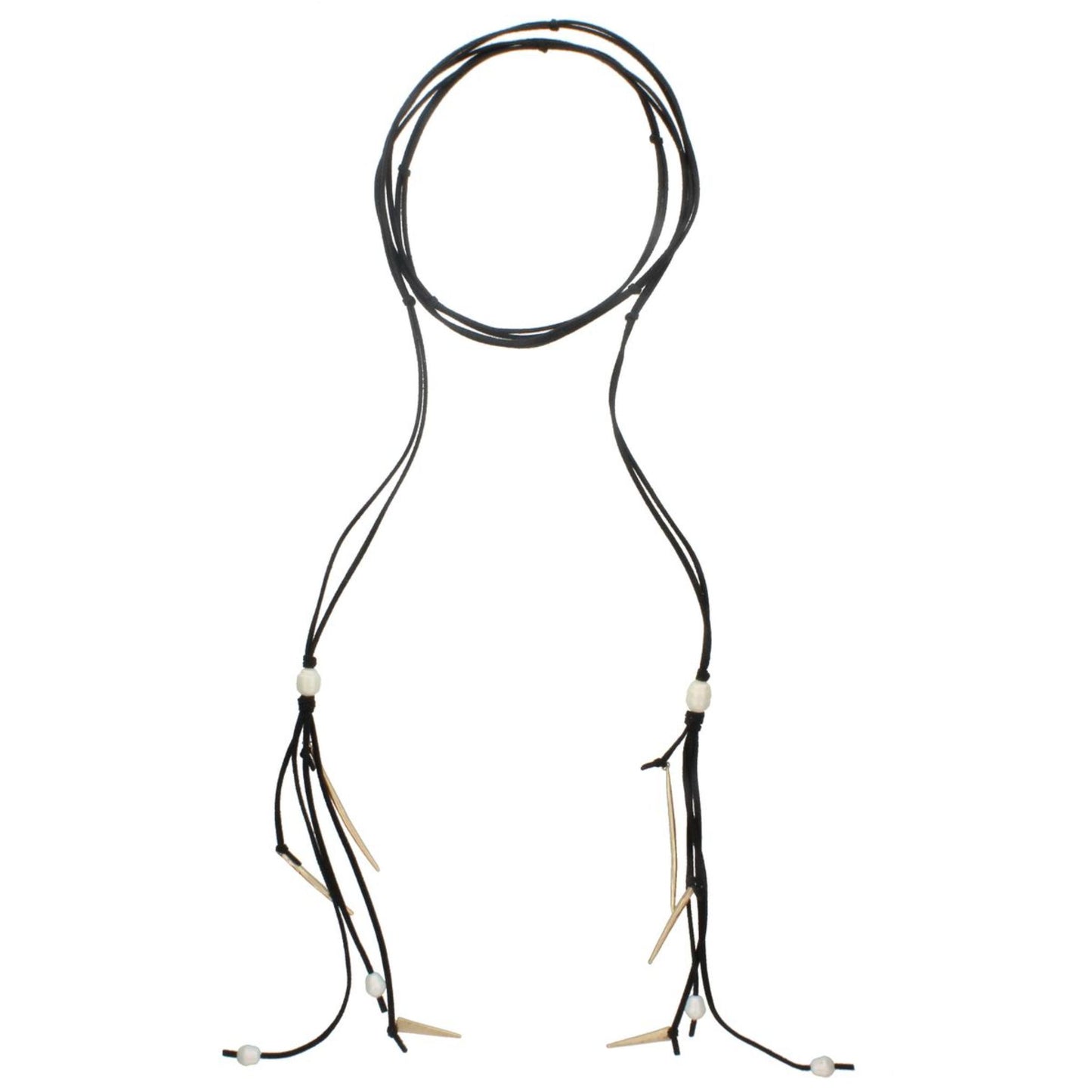 82' Dual Black Leather Wrap Choker with Pearl And Spear Tassel Ends Necklace