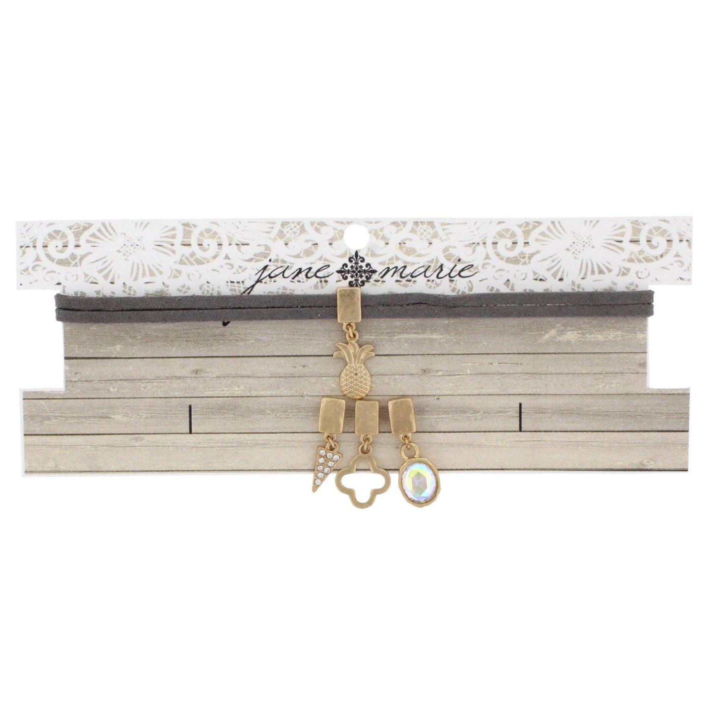 12" Grey Leather Choker with Pineapple, Quatrefoil, Rhinestone Spear, AB Clear Cabochon, 3" Ext