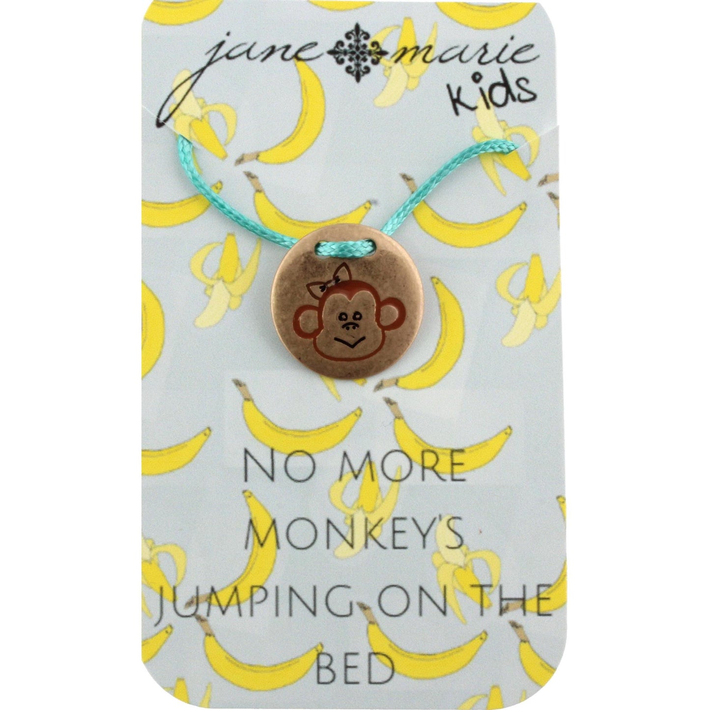 14" Kids Turquoise Corded Necklace with Gold Monkey Disk, 3" Ext