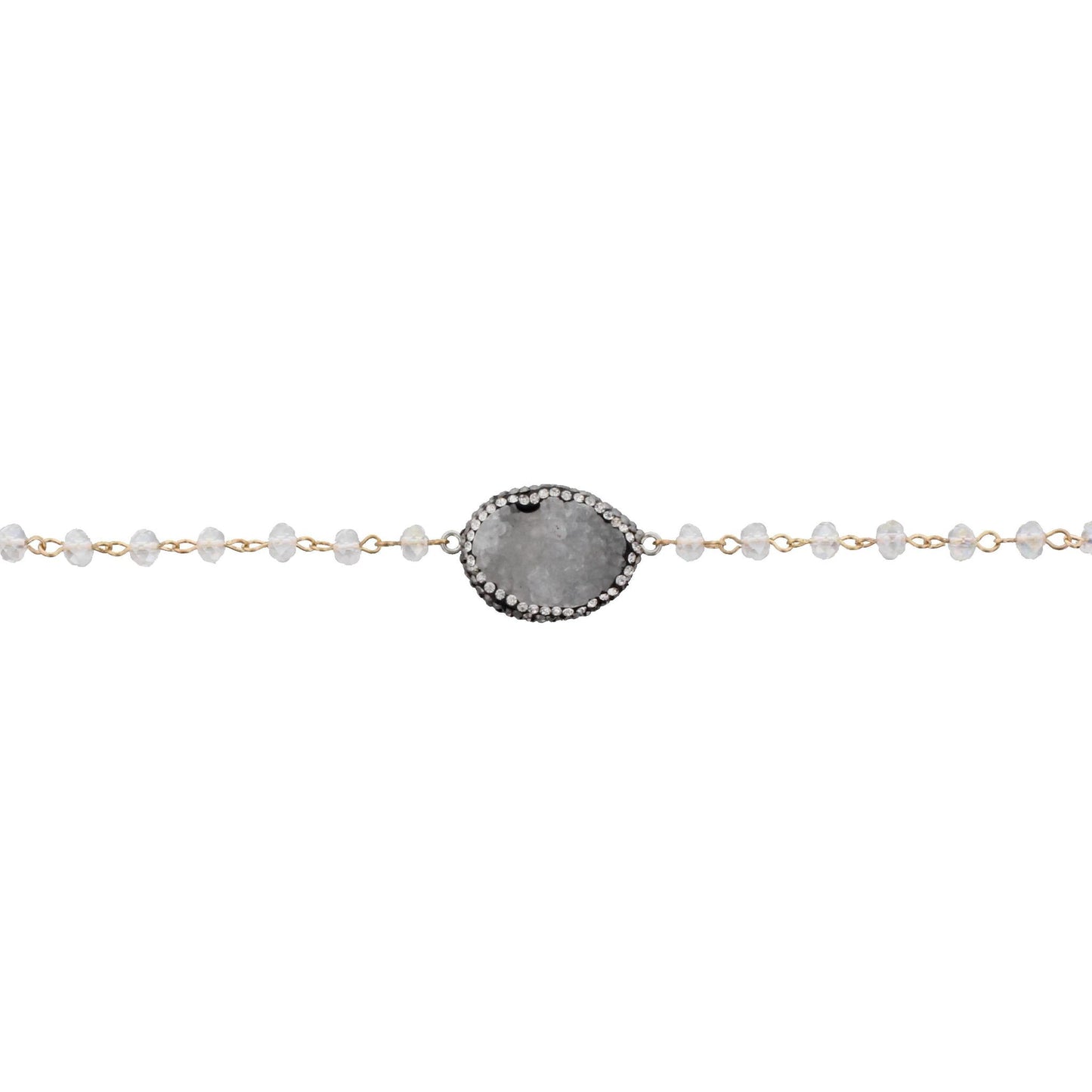13" Clear Beaded Link Choker Necklace with Pave White Druzy Pearl, 3" Ext