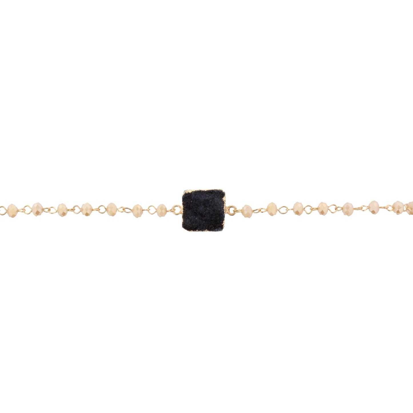 13" Cream Beaded Link Choker Necklace with Square Grey Druzy, 3" Ext