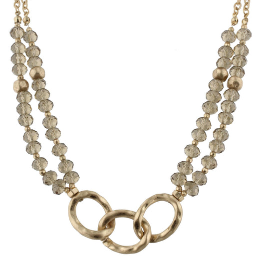 16" 3 Gold Link with Faceted Greige Beads Necklace, 3" Ext