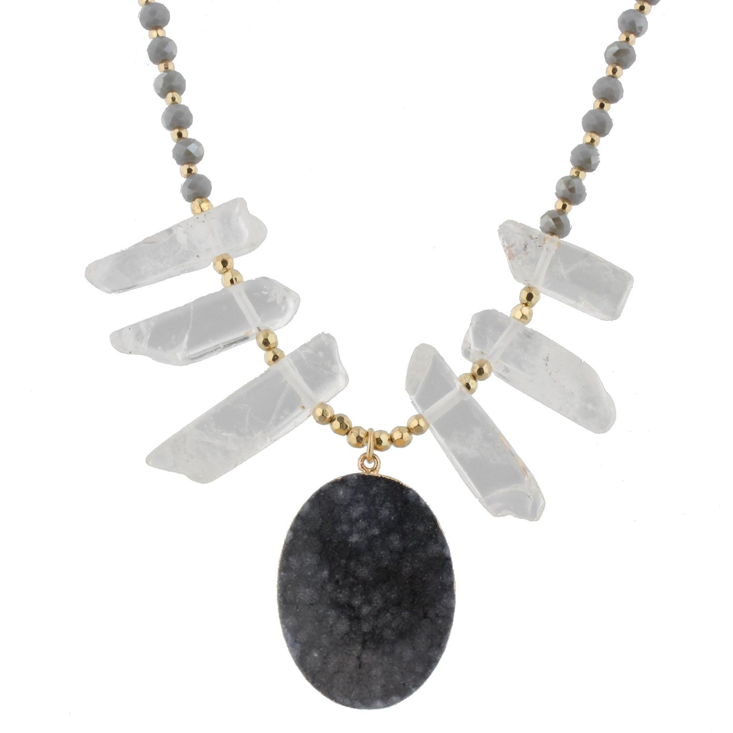 18" Clear Stone Bib Necklace with Grey Body and Grey Druzy Pendant, 3" Ext