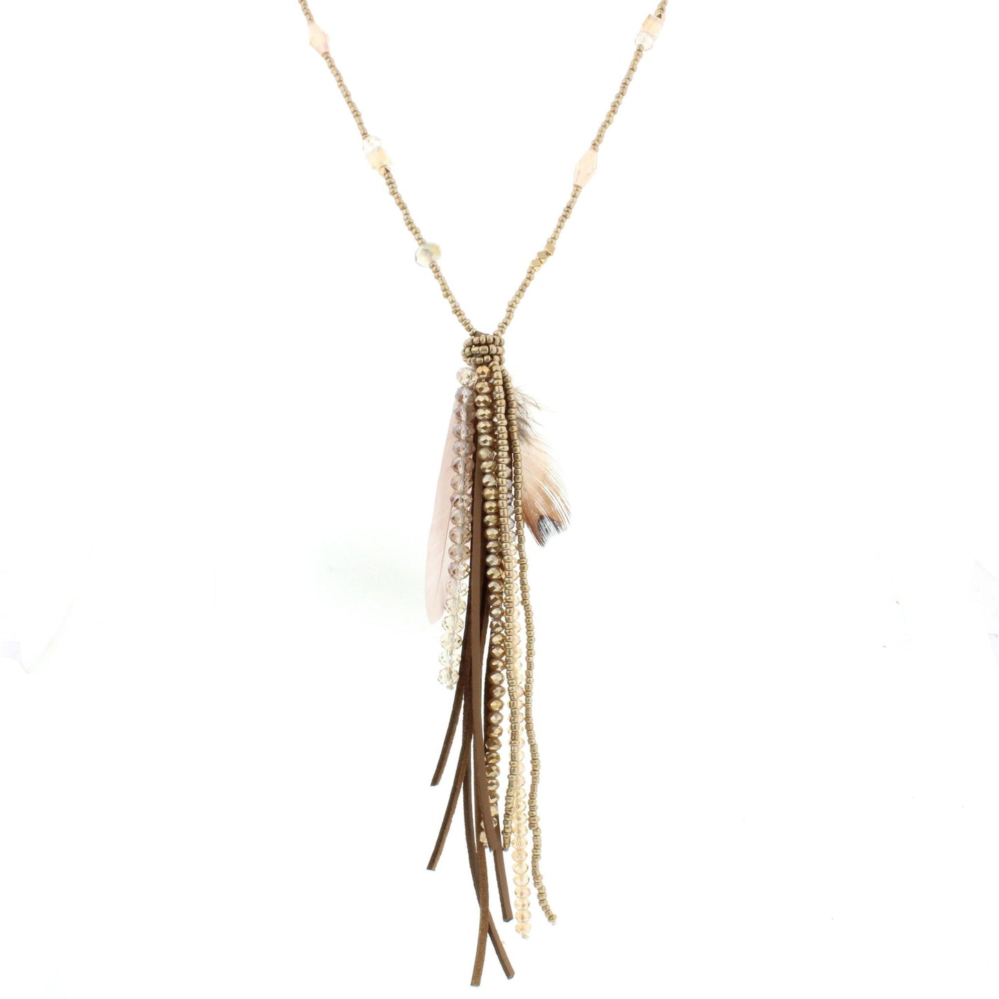 32" Beaded Gold/Champagne Necklace with Neutral Feathers, Beaded & Leather Tassel, 3"Ext