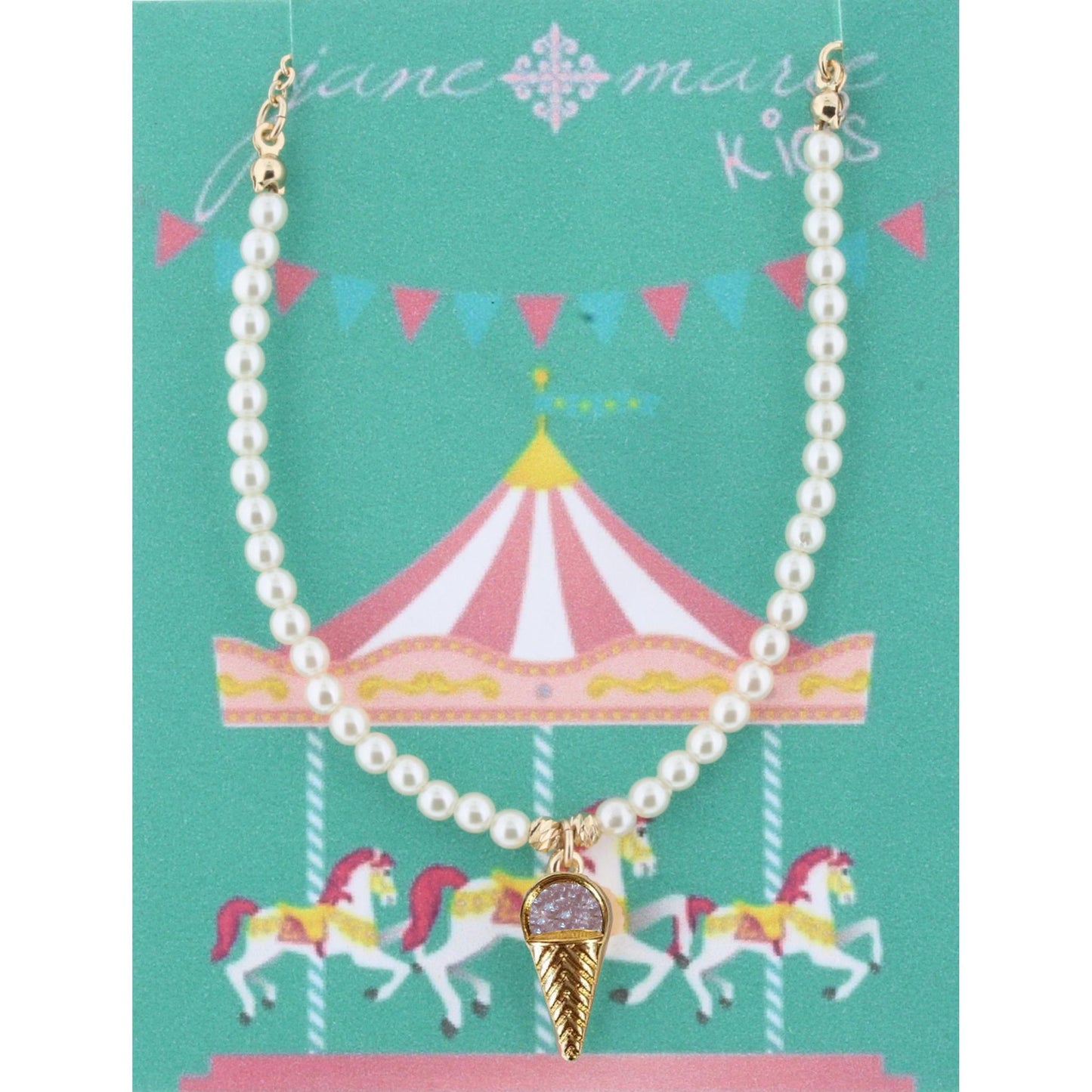 14" Kids Partial Pearl Beaded Necklace with Purple IceCream Cone Druzy Icon, 2"Ext