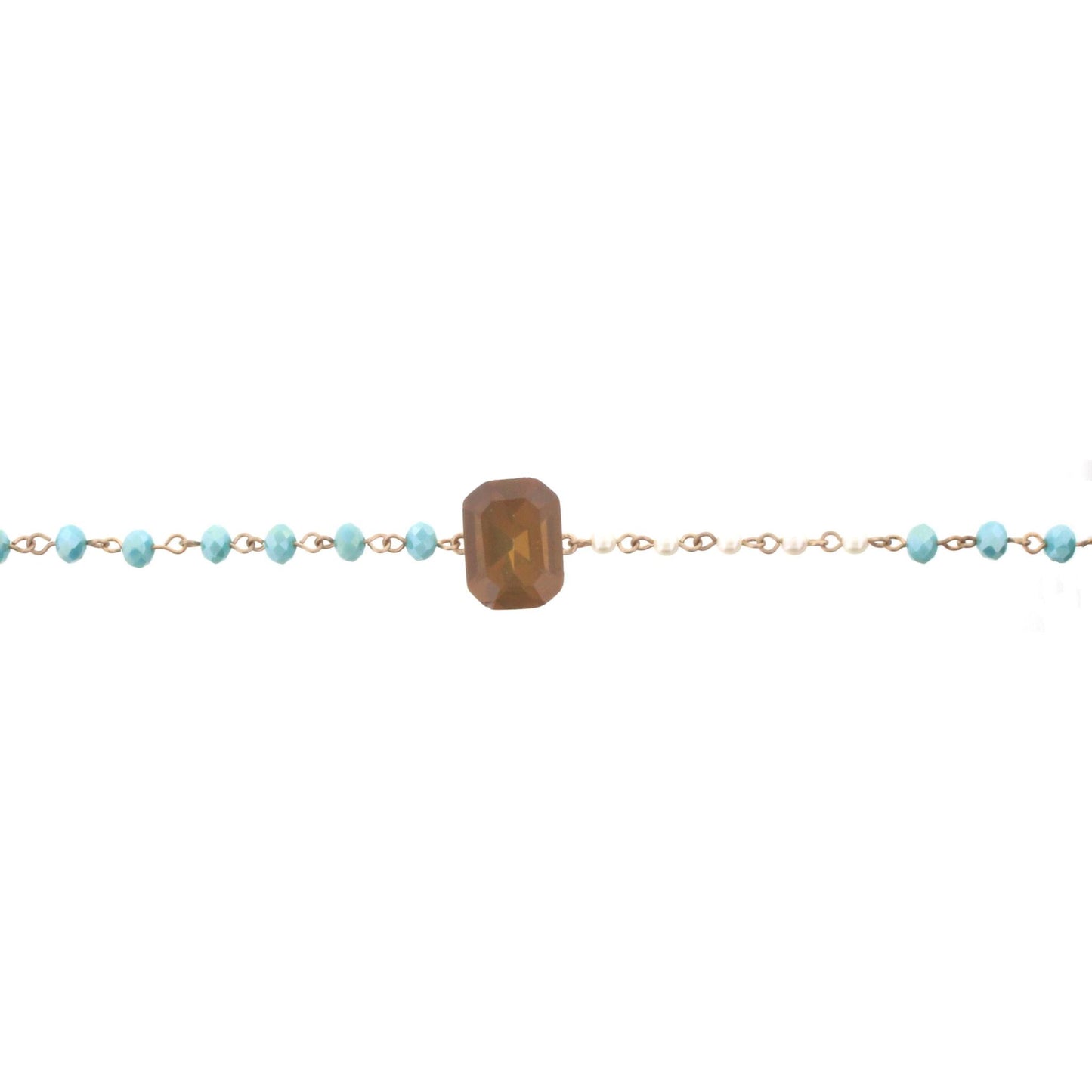 14" Pearl & Aqua Linked Body Choker Necklace with Brown Square Rhinestone, 3" Ext