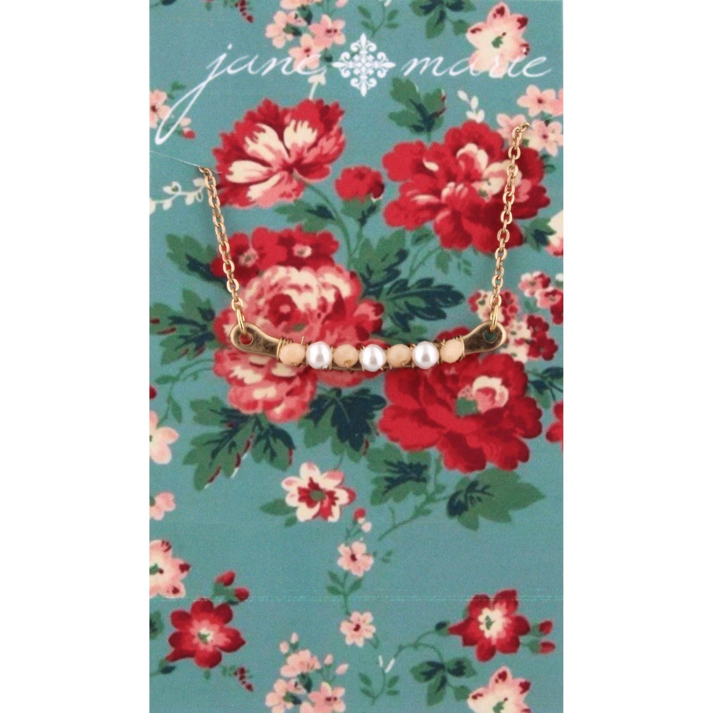 16" Gold Bar Necklace with Peach & Pearl Beaded Bar, 3" Ext