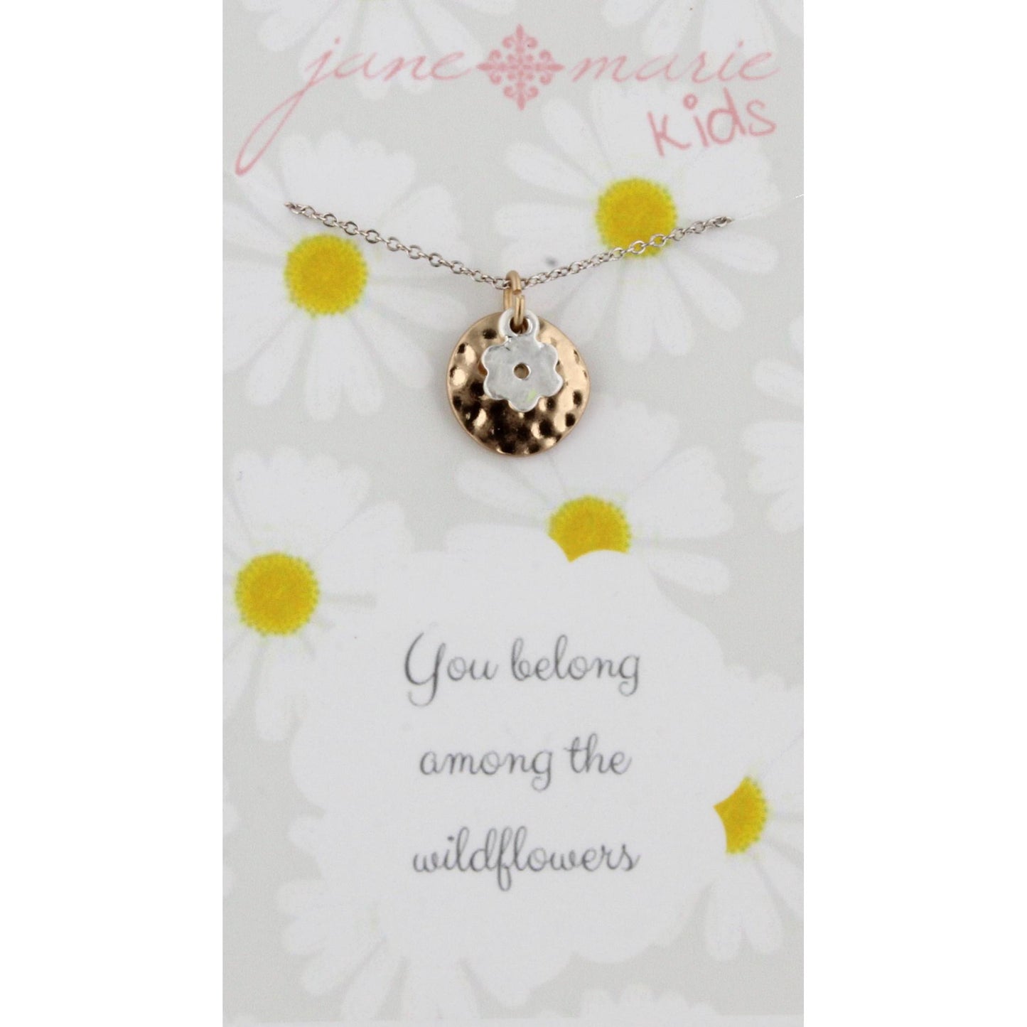 14" Kids Silver Necklace with Gold Disk & Silver Flower Charm, 3" Ext