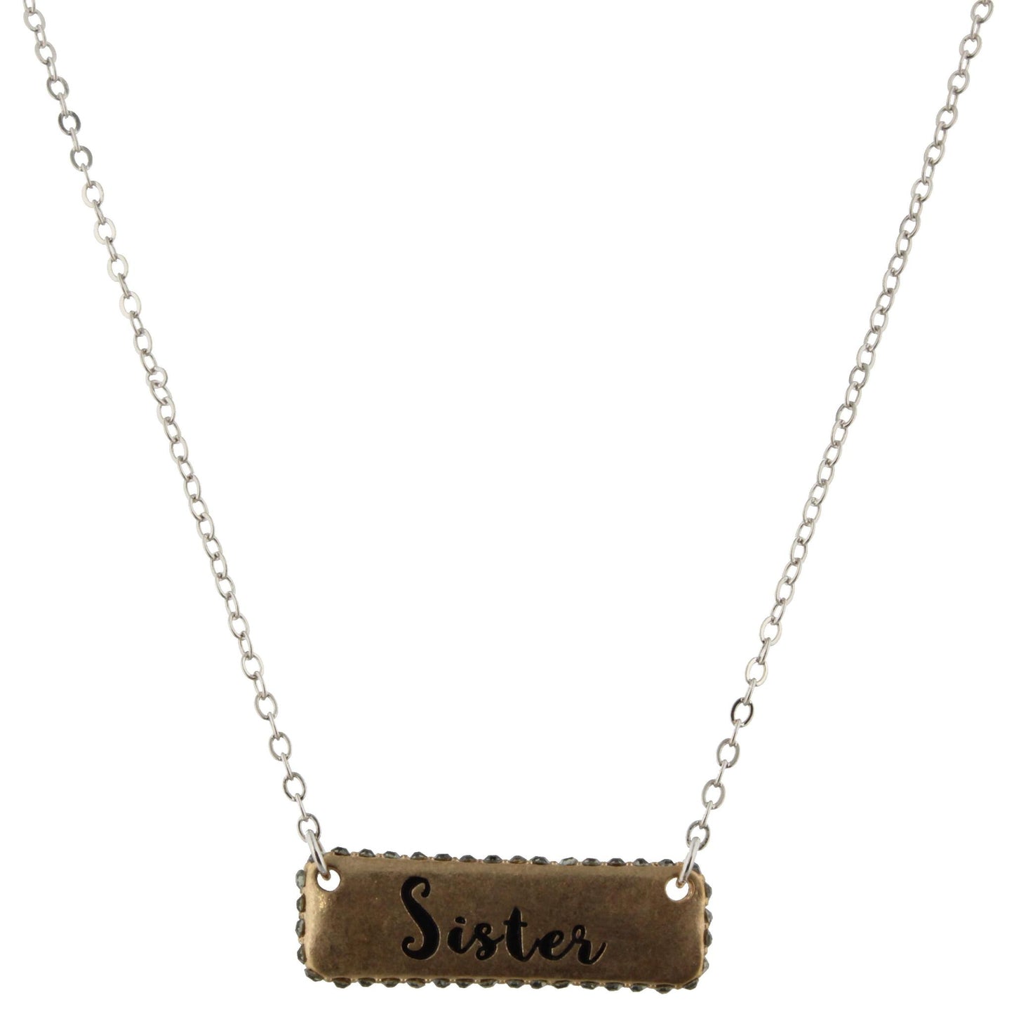 16" Silver Chain Necklace with "Sister" Gold Pave Bar, 3" Ext