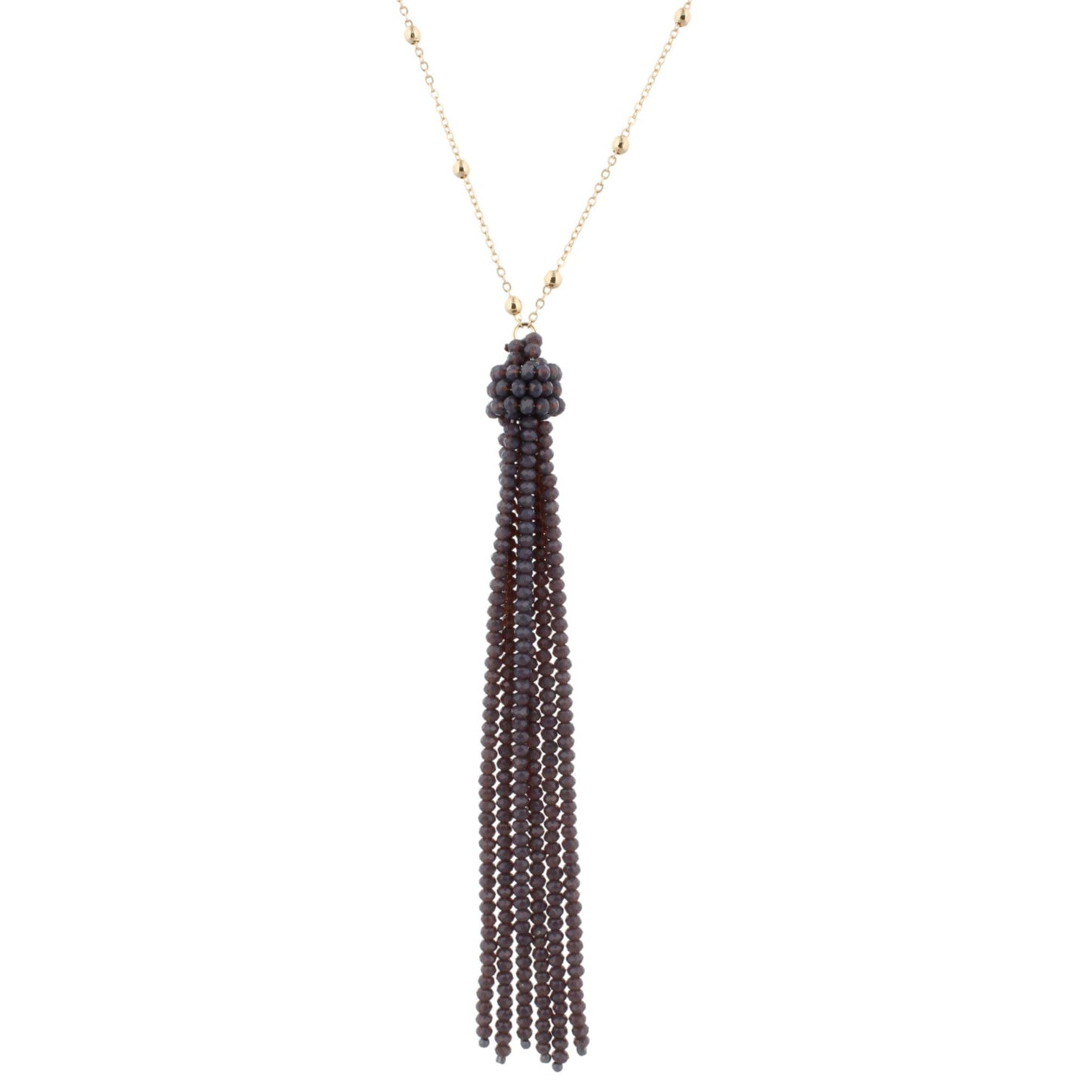 38" Gold Chain Necklace with Purple Grey Beaded Tassel, 3" Ext