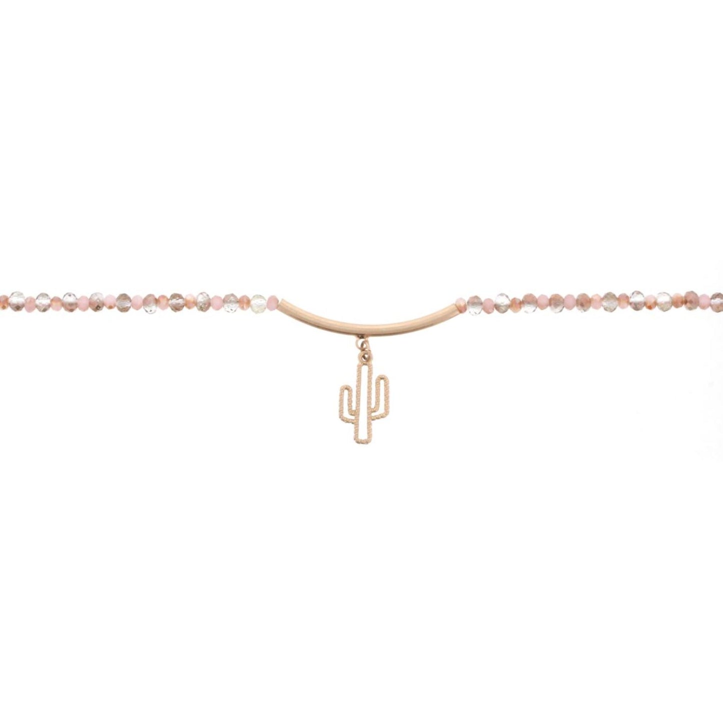 14" 2-Tone Pink Choker Necklace with Gold Bar & Cactus, 3" Ext
