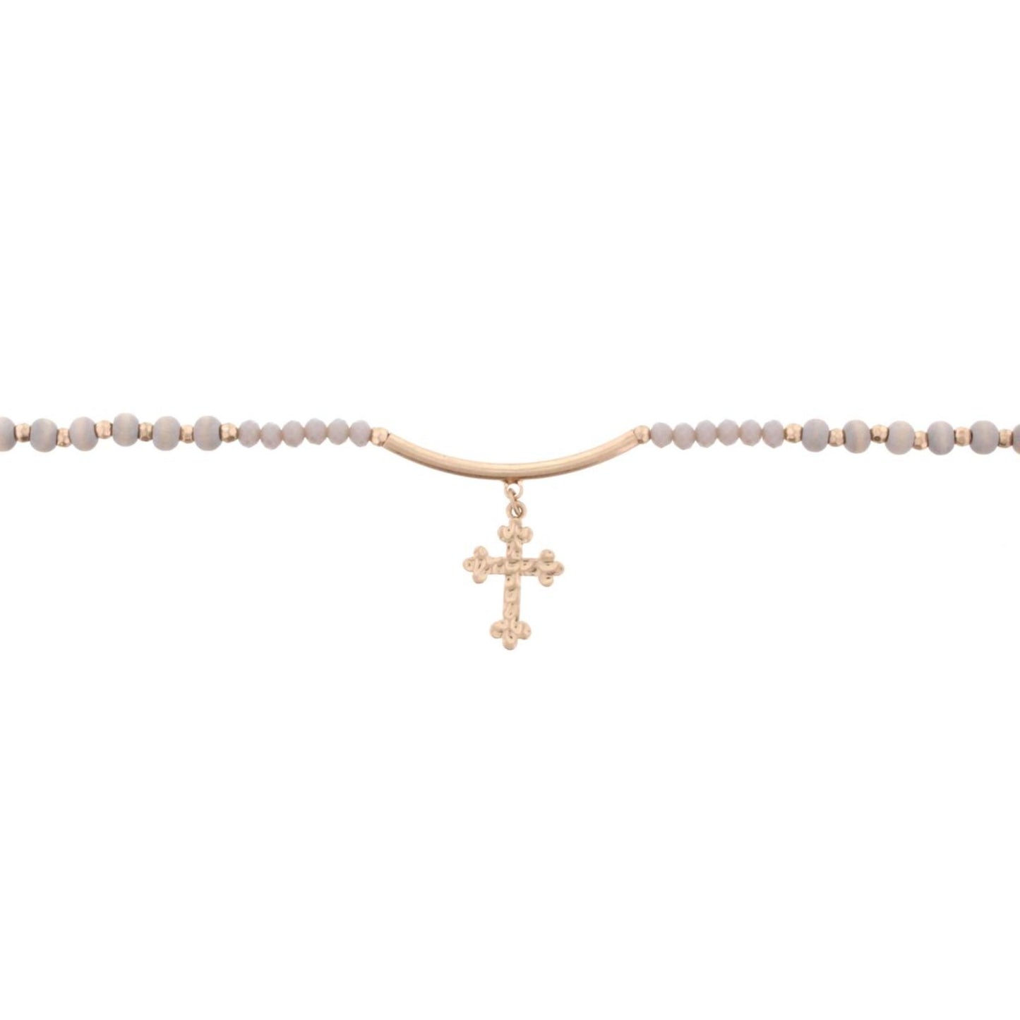 14" Wooden Grey Choker Necklace with Gold Bar & Cross, 3" Ext