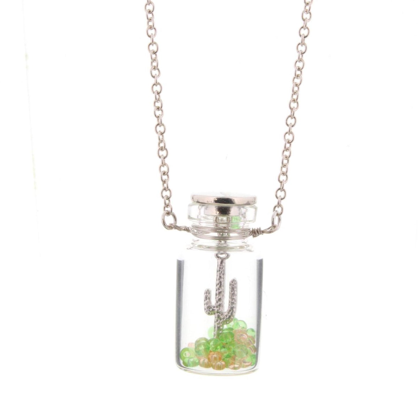 14" Kids Cactus in Bottle Necklace with Green & Pink Beads, 2" Ext