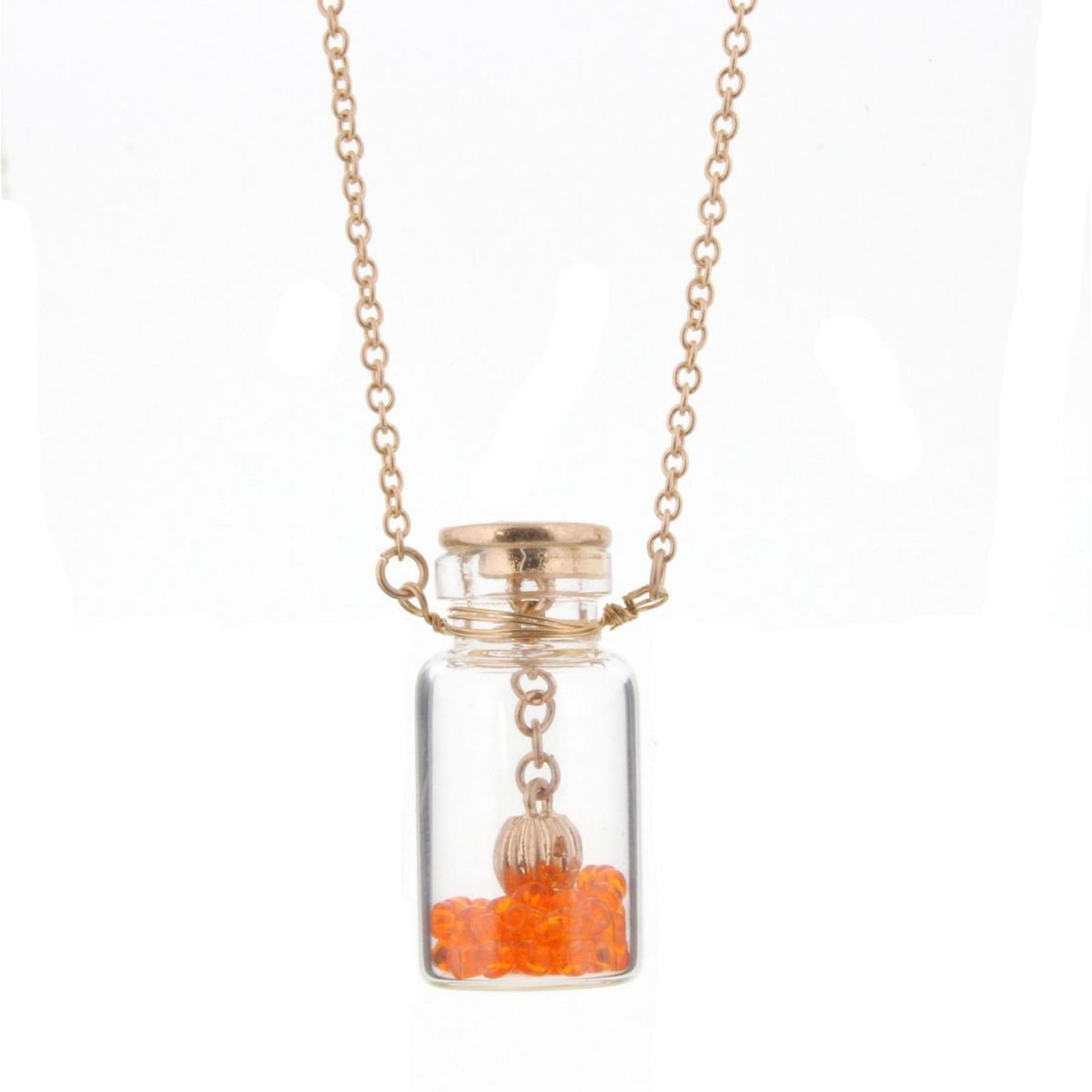 14" Kids Pumpkin in Bottle Necklace with Orange Beads, 2" Ext
