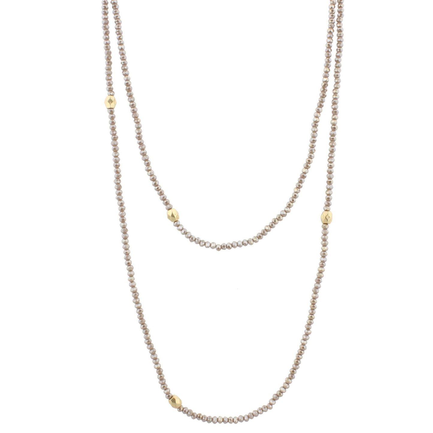 60" Greige Beaded Necklace with Gold Stations, 3" Ext