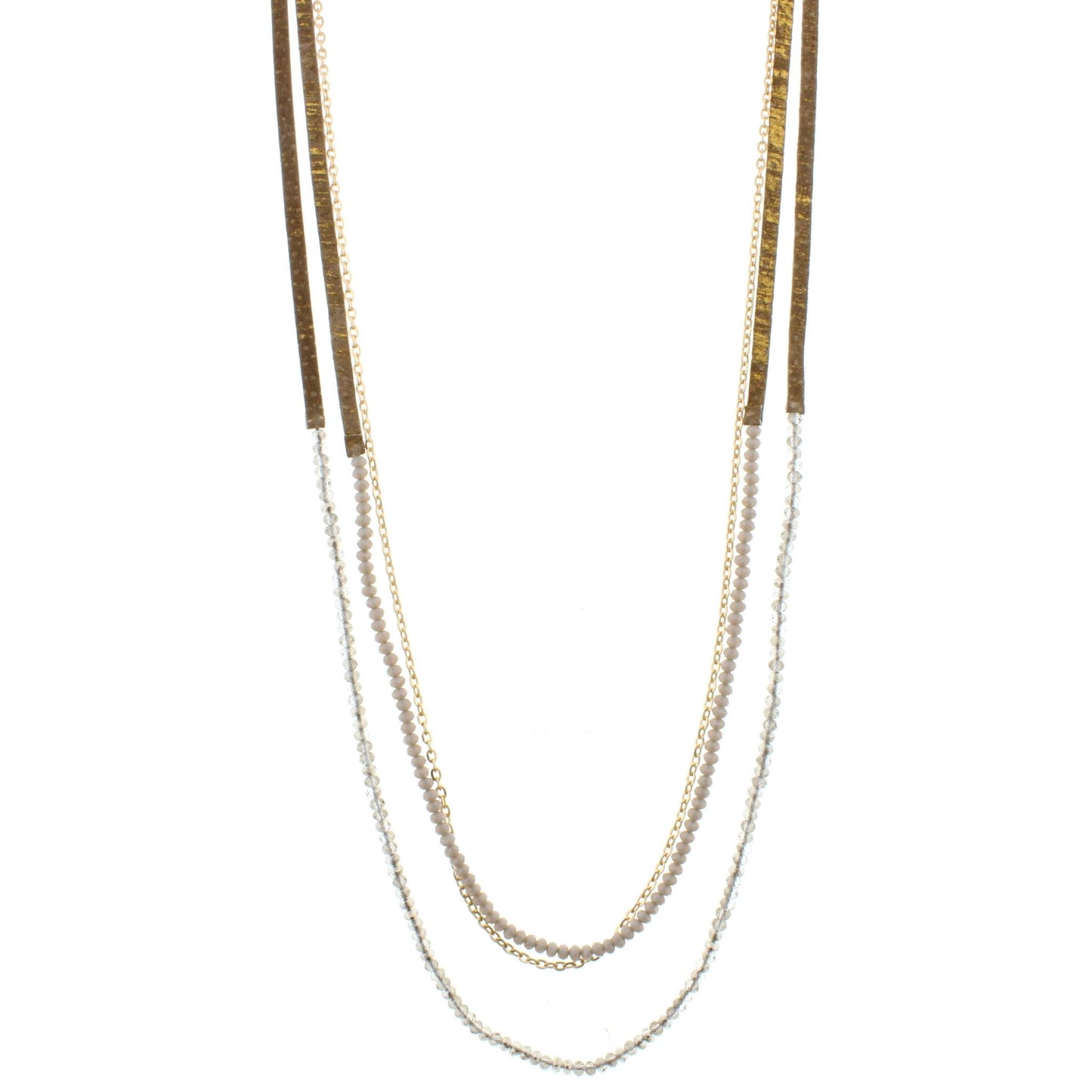 38" 3 Layer Hand Painted Gold Fleck Leather Necklace with Black Diamond & Grey Beaded Strands, 3" Ext