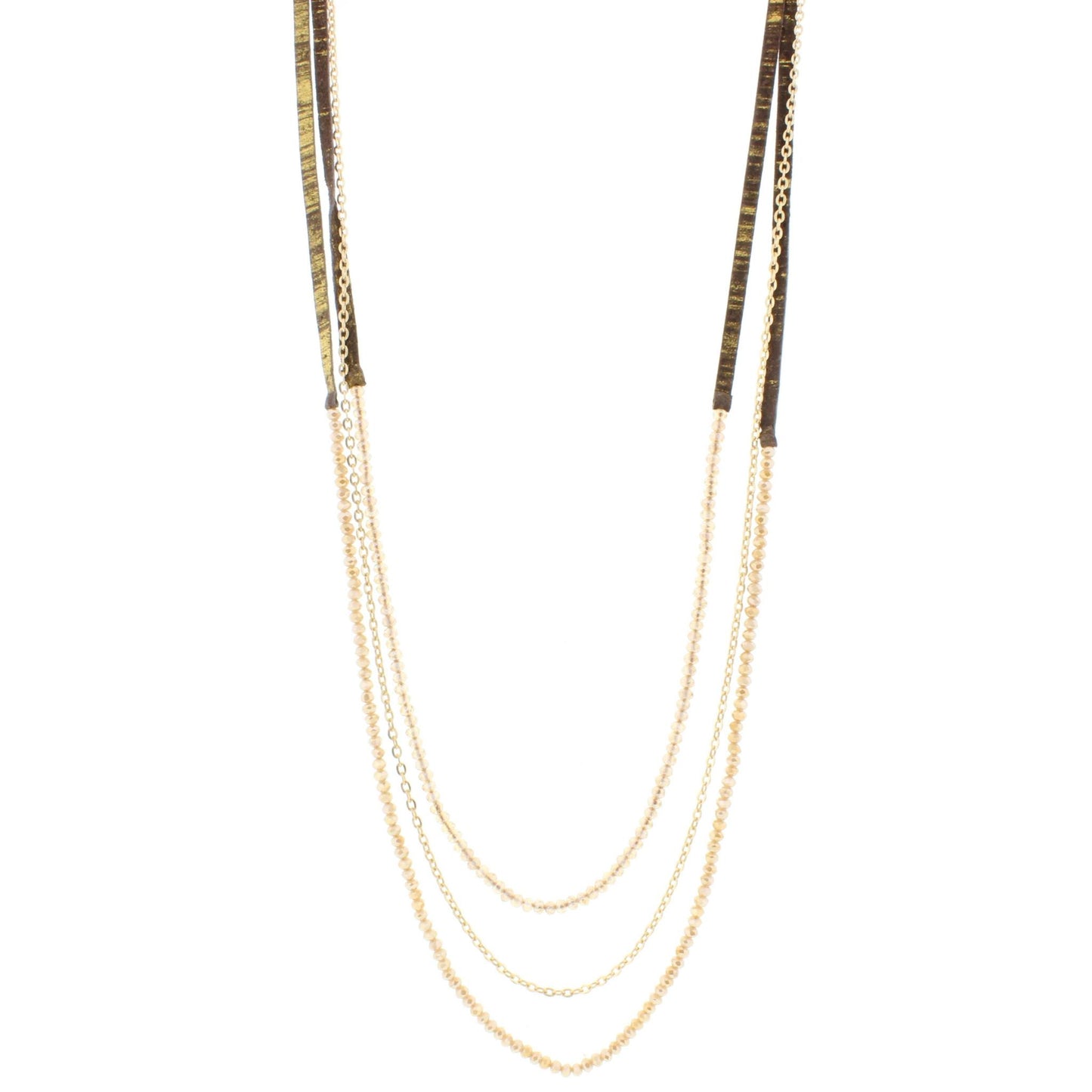 38" 3 Layer Hand Painted Gold Fleck Leather Necklace with Champagne Beaded Strands, 3" Ext