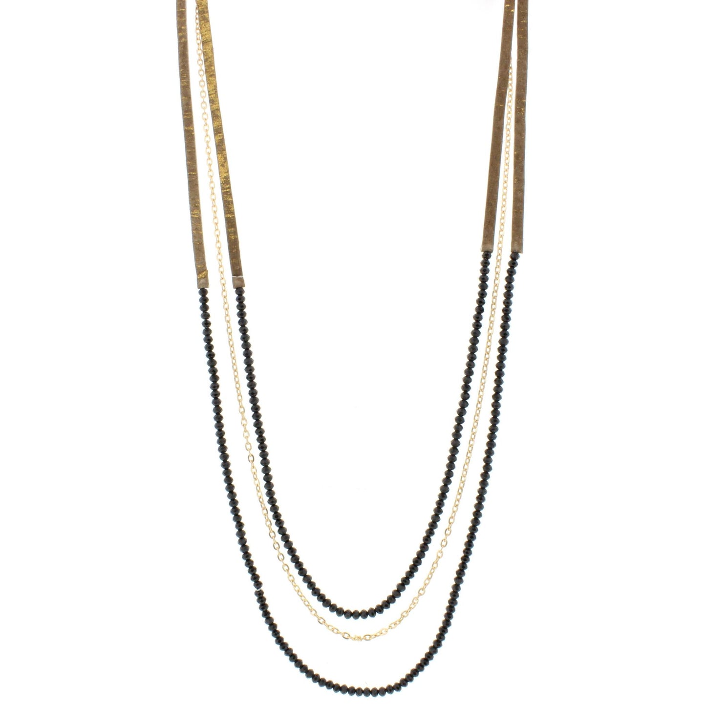 38" 3 Layer Hand Painted Gold Fleck Leather Necklace with Jet Beaded Strands,3" Ext