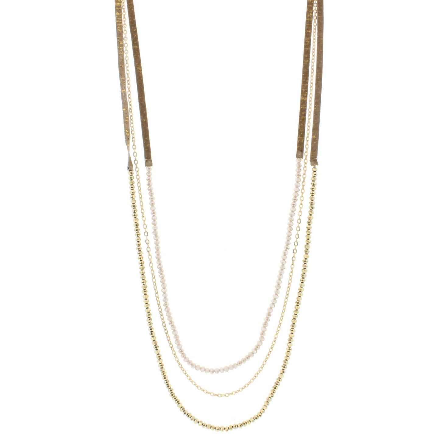 38" 3 Layer Hand Painted Gold Fleck Leather Necklace with Natural & Metallic Beaded Strands, 3" Ext