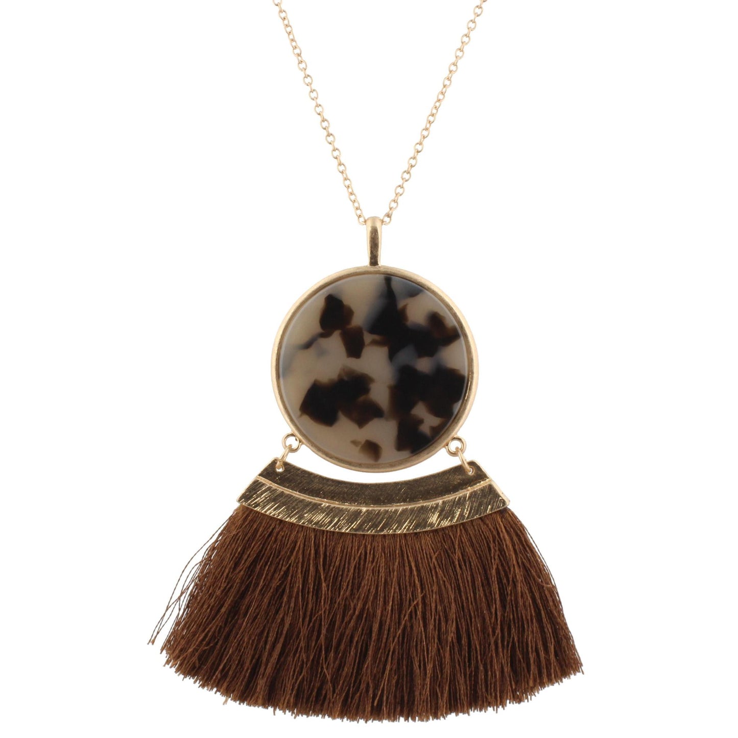 30" Chain Necklace with Double Sided White Marbled/Grey Black Resin Circle and Brown Fan, 3" Ext