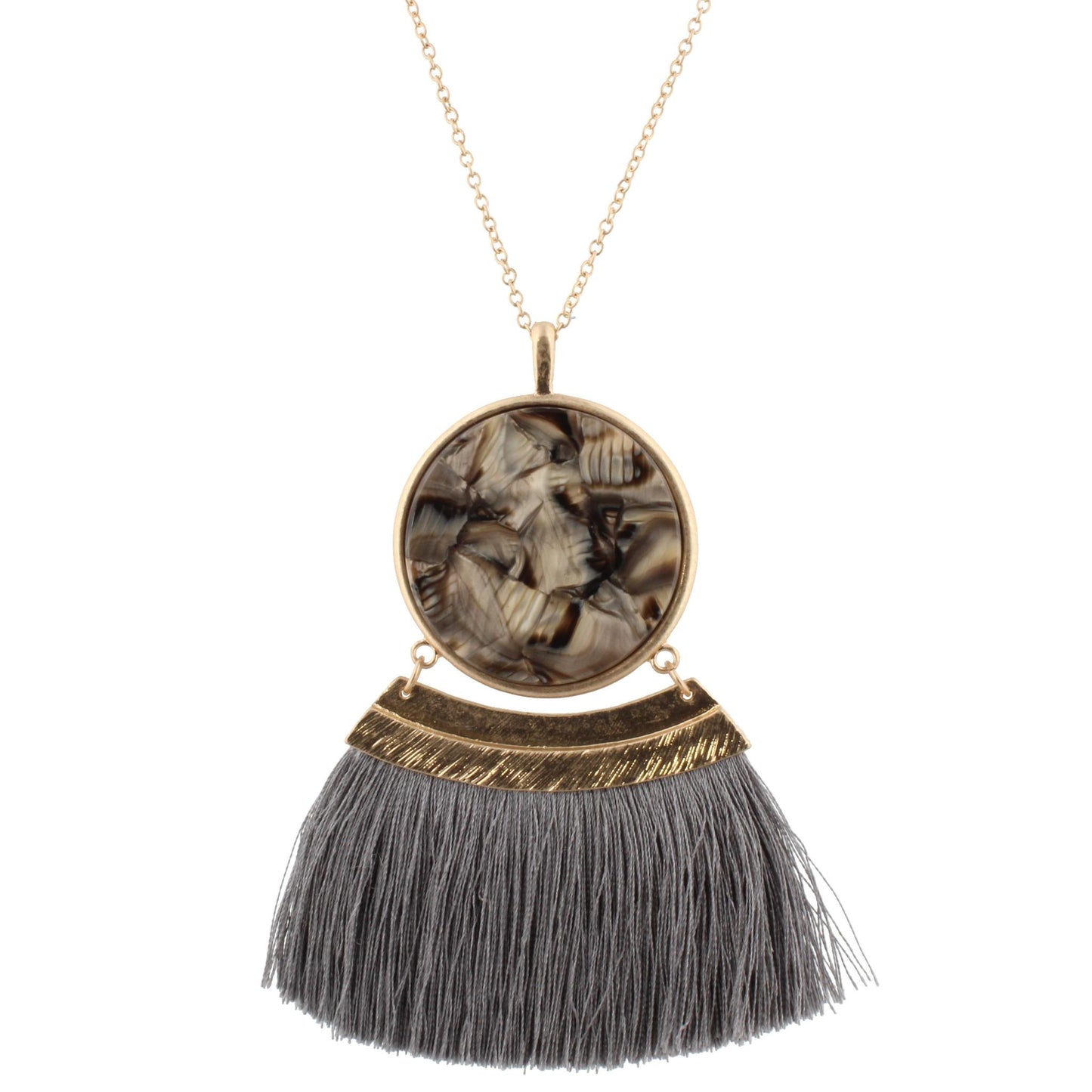 30" Chain Necklace with Double Sided Brown, Black Marbled/Mint Multi Resin Circle and Grey Fan, 3"