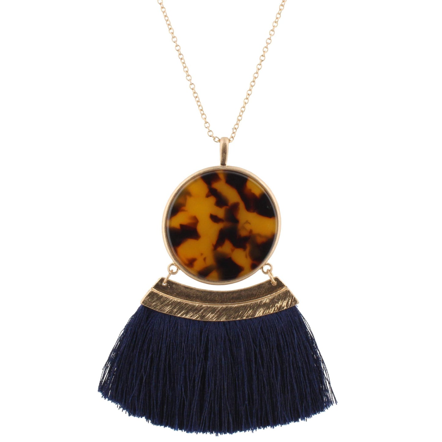 30" Chain Necklace with Double Sided Tortoise/ White Marbled Resin Circle and Navy Fan, 3" Ext
