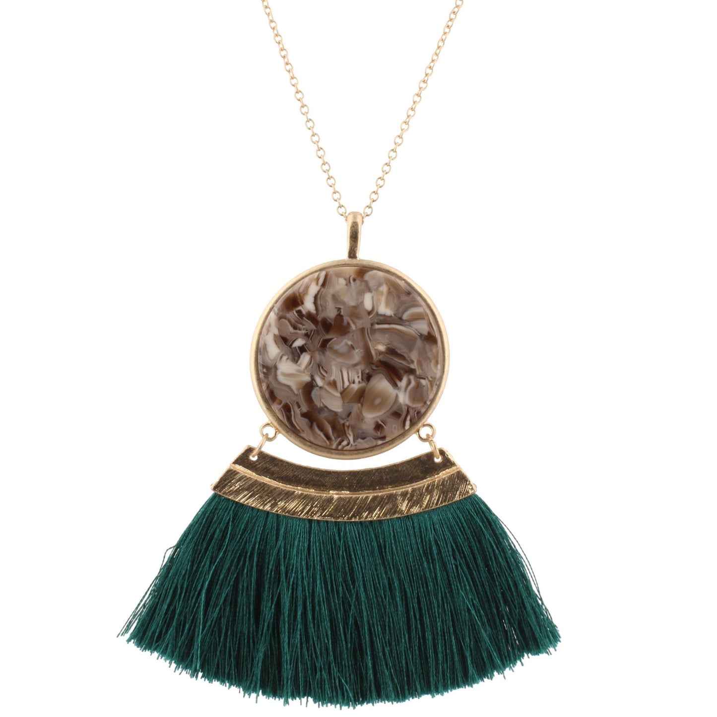 30" Chain Necklace with Double Sided Tortoise/Brown Marbled Resin Circle and Teal Fan, 3" Ext