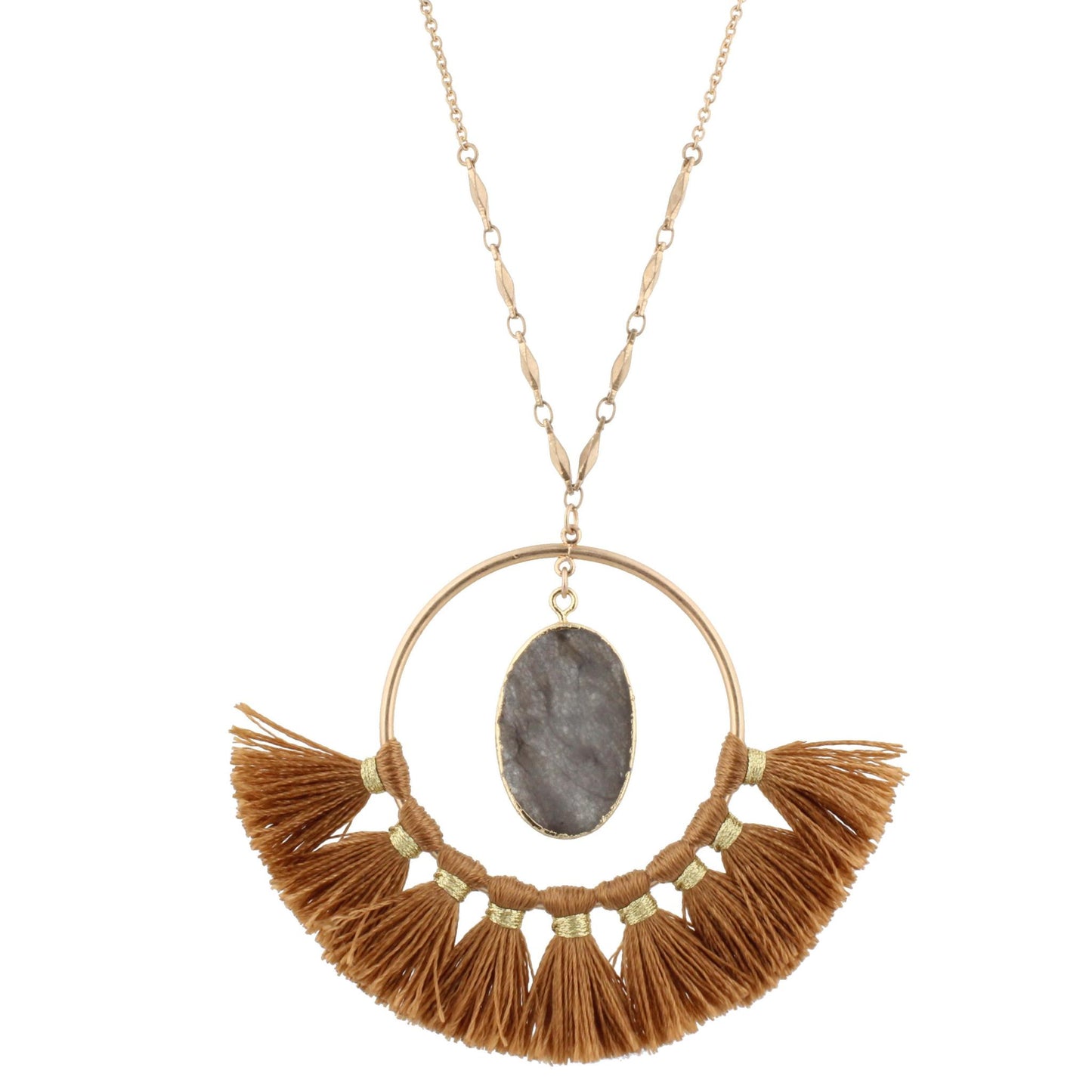 30" Chain Necklace with Brown Tasseled Hoop and Grey Stone Inside, 3" Ext