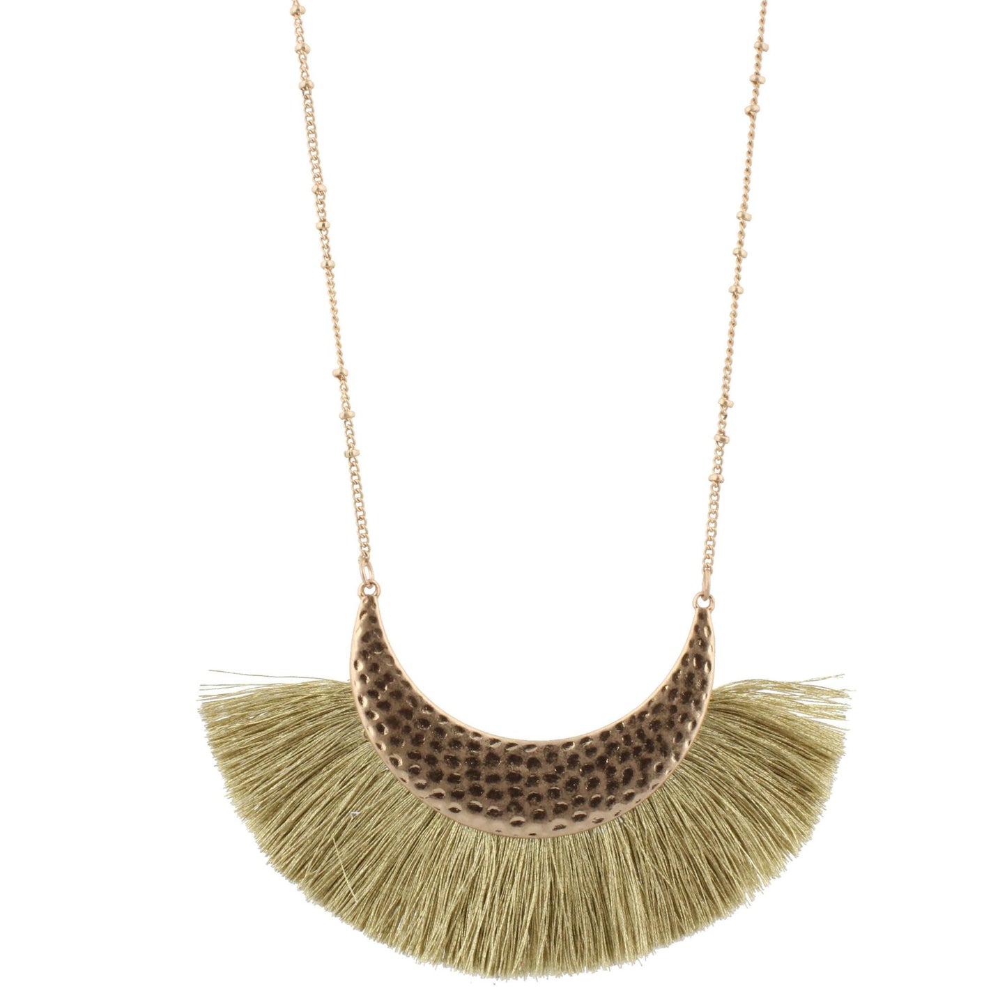 30" Chain Necklace with Muted Green Fringed Fan, 3" Ext
