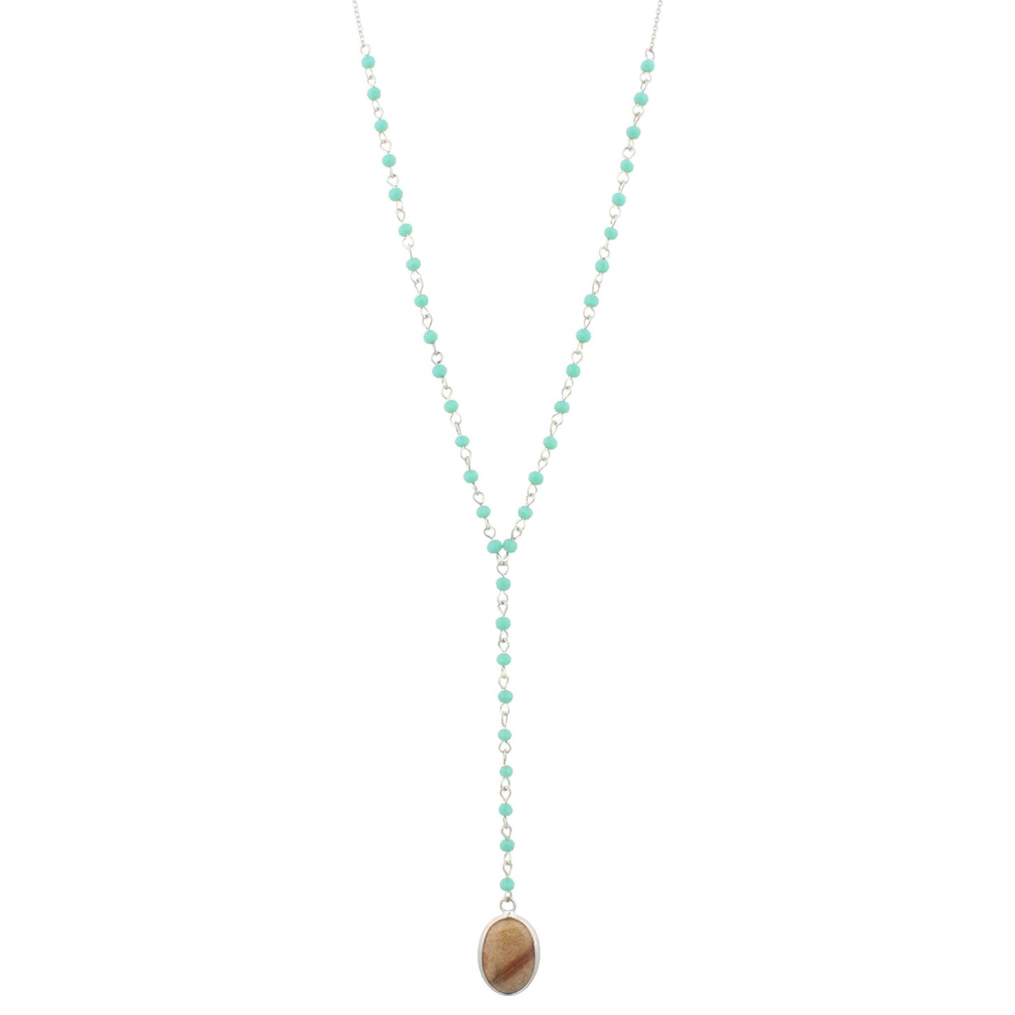 32" Delicate Silver Mint Y Necklace with Picture Jasper Stone, 3" Ext