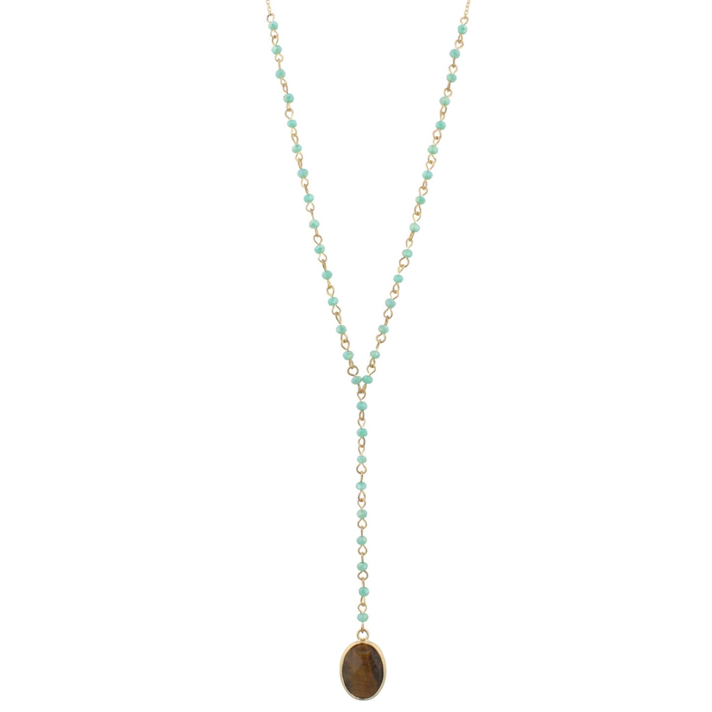 32" Delicate Mint Y Necklace with Tigers Eye Stone, 3" Ext