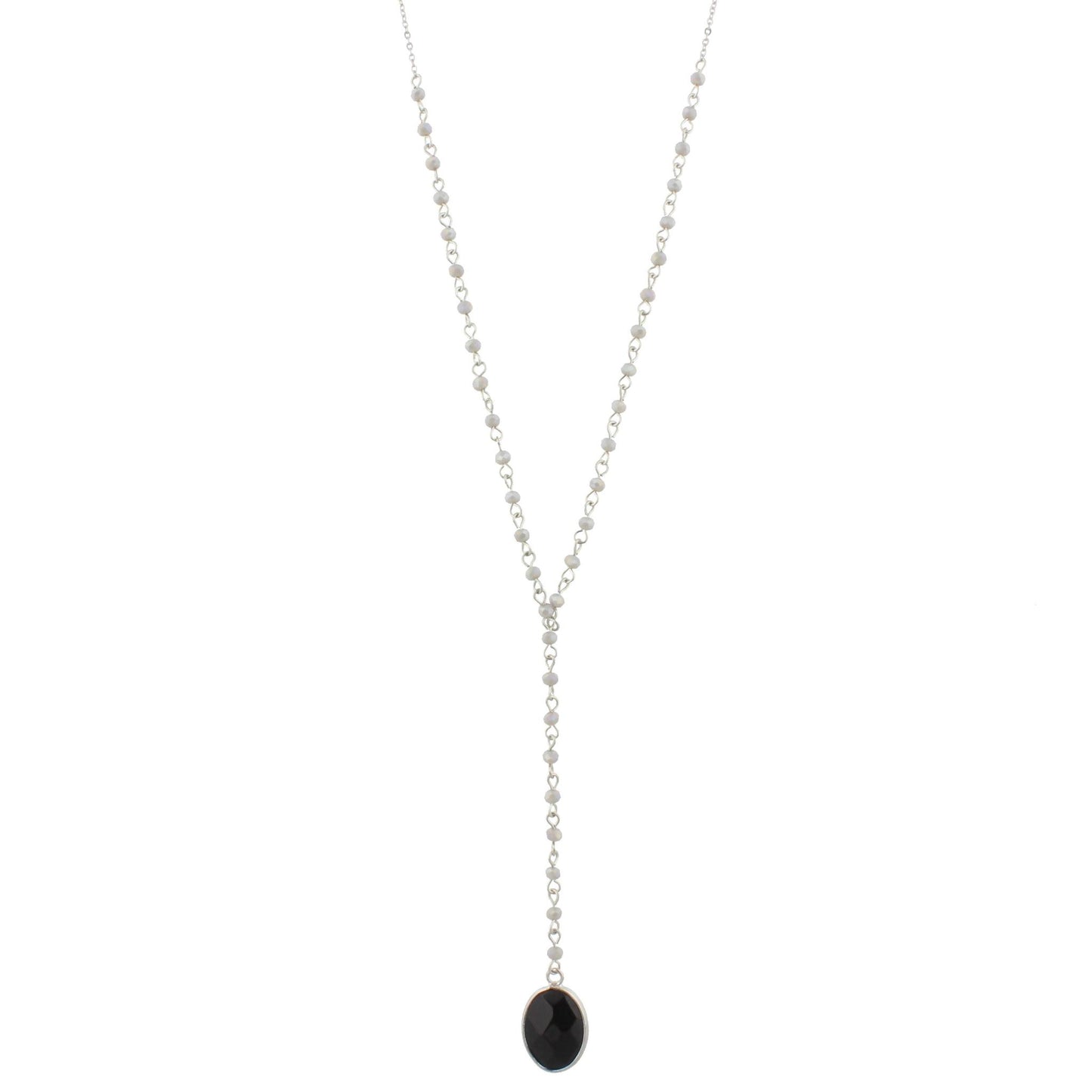 32" Delicate Silver Grey Y Necklace with Jet Stone, 3" Ext