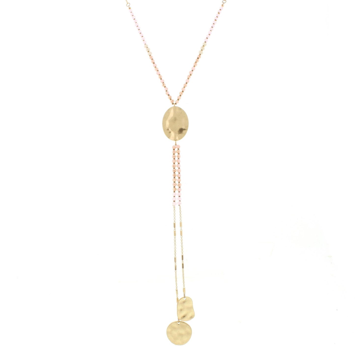 25"2-Tone Pink/Champagne Gold Disk Y Necklace with Two Strand Dangles