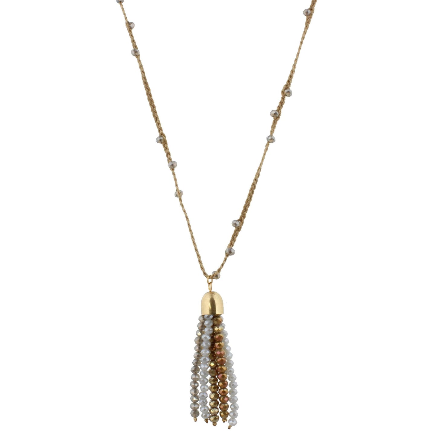 32" Tan Braided Body Necklace with Greige and Grey Beaded Tassel