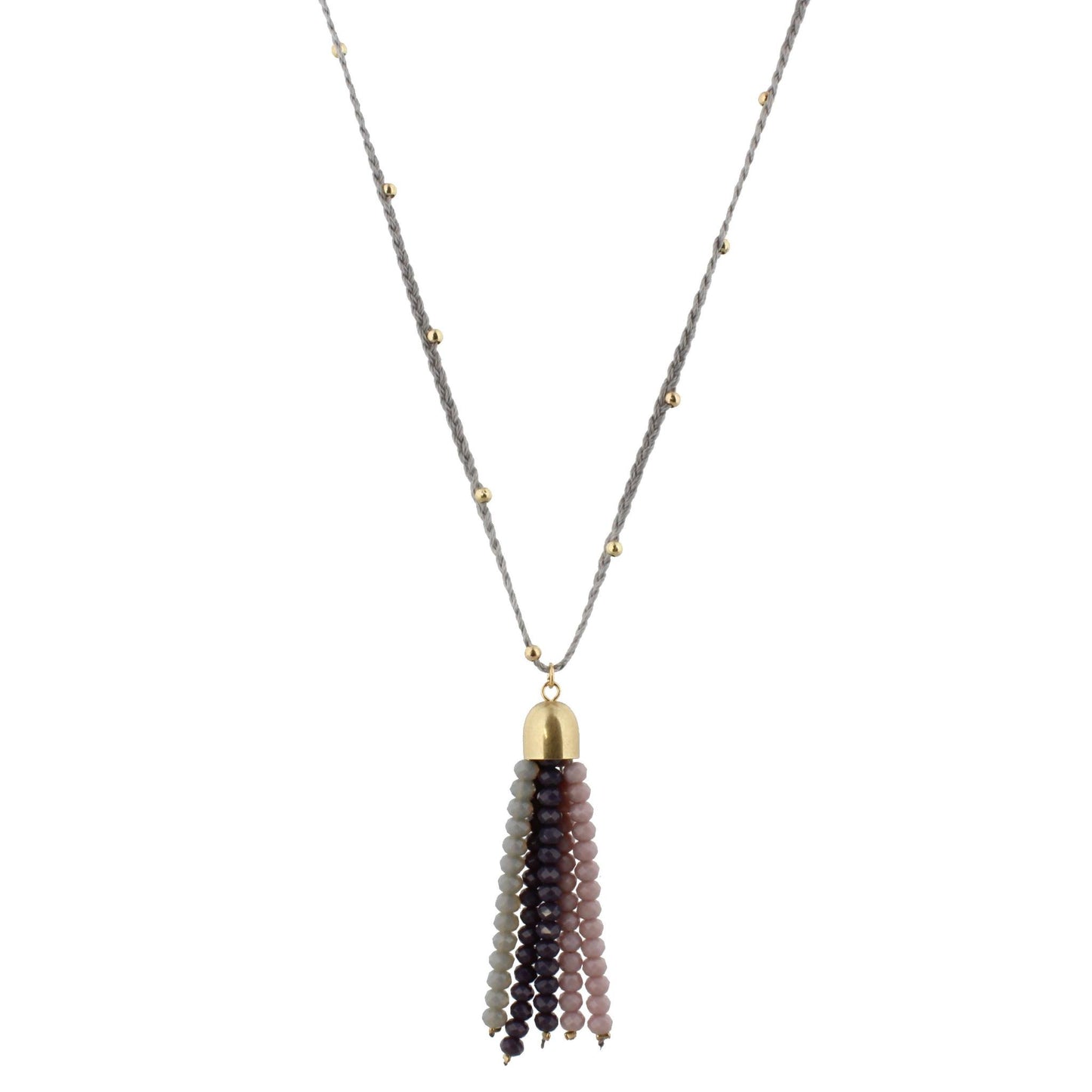 32" Grey Braided Body Necklace with Multi Purple Beaded Tassel