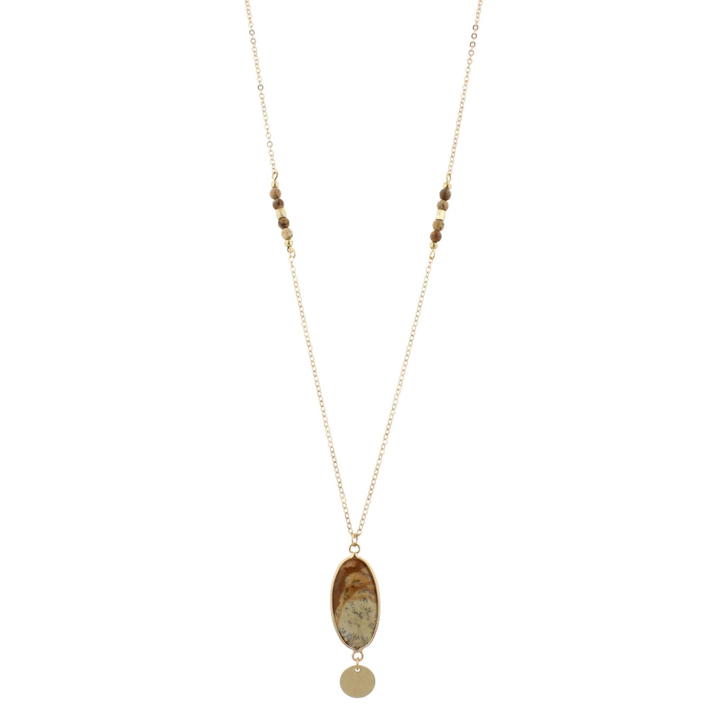 32" Faceted Picture Jasper Stone Necklace with Gold Disk Dangle, 3" Ext