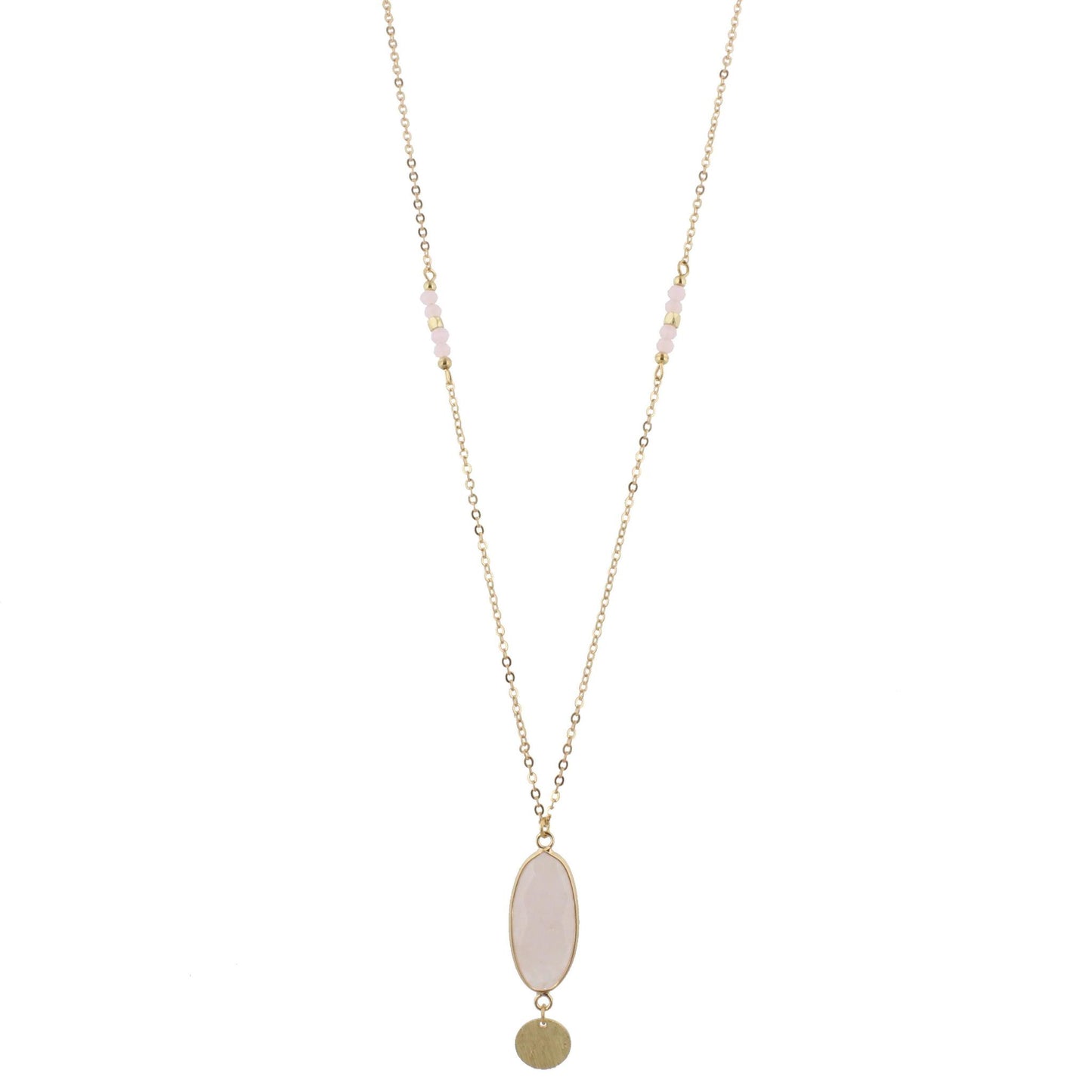 32" Faceted Pink Quartz Stone Necklace with Gold Disk Dangle, 3" Ext