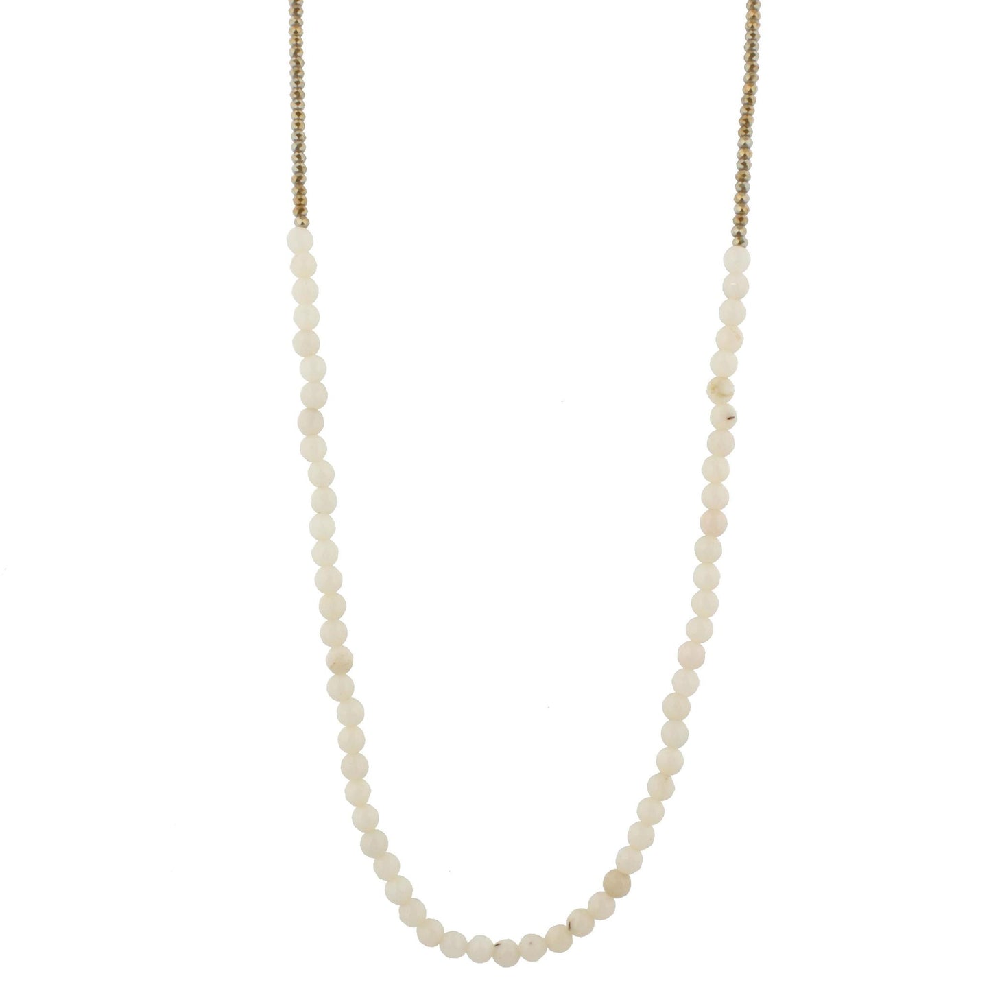 32" Off White Jade Stone Beaded Necklace with Greige Beads, 3" Ext