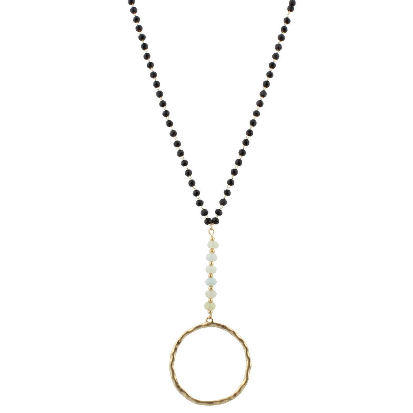 32" Matte Jet Linked Necklace with Amazonite Polished Stones and Circle, 3" Ext